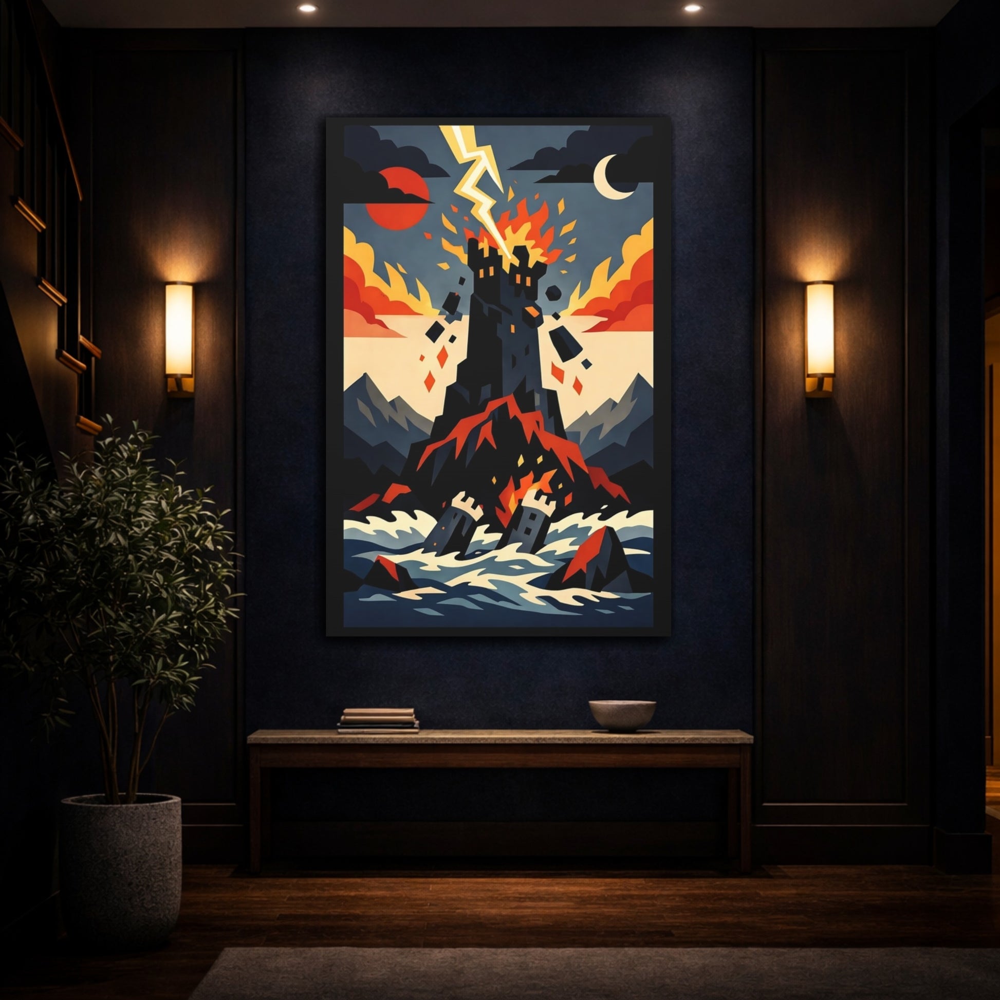 Mockup 4. Horror Burning Castle Castle Storm Red shown as stretched canvas wall art