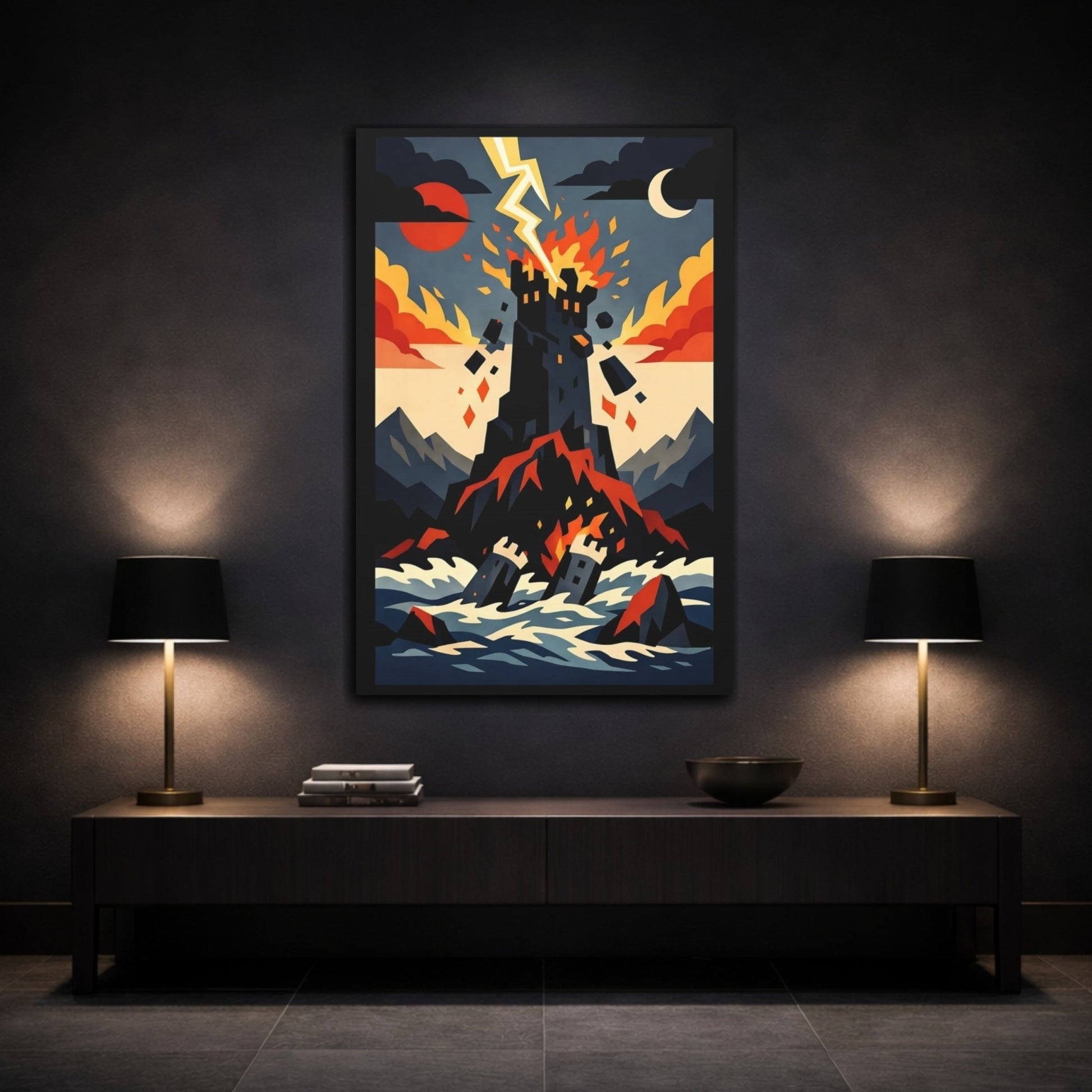 Horror Burning Castle Storm Red - Canvas Wall Art Print - YesArtYes