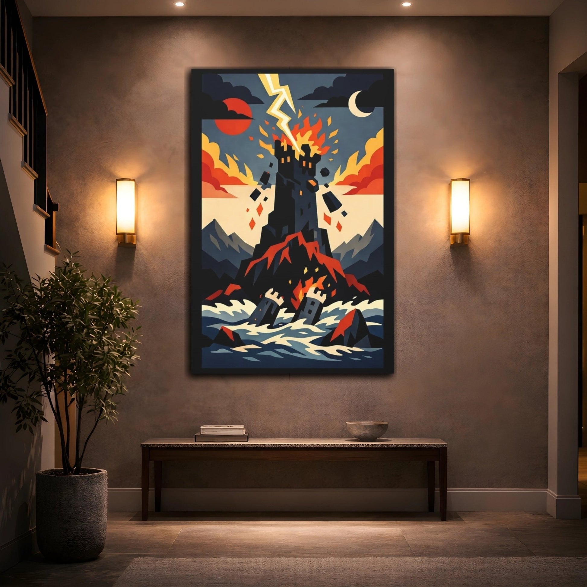 Horror Burning Castle Storm Red - Canvas Wall Art Print - YesArtYes