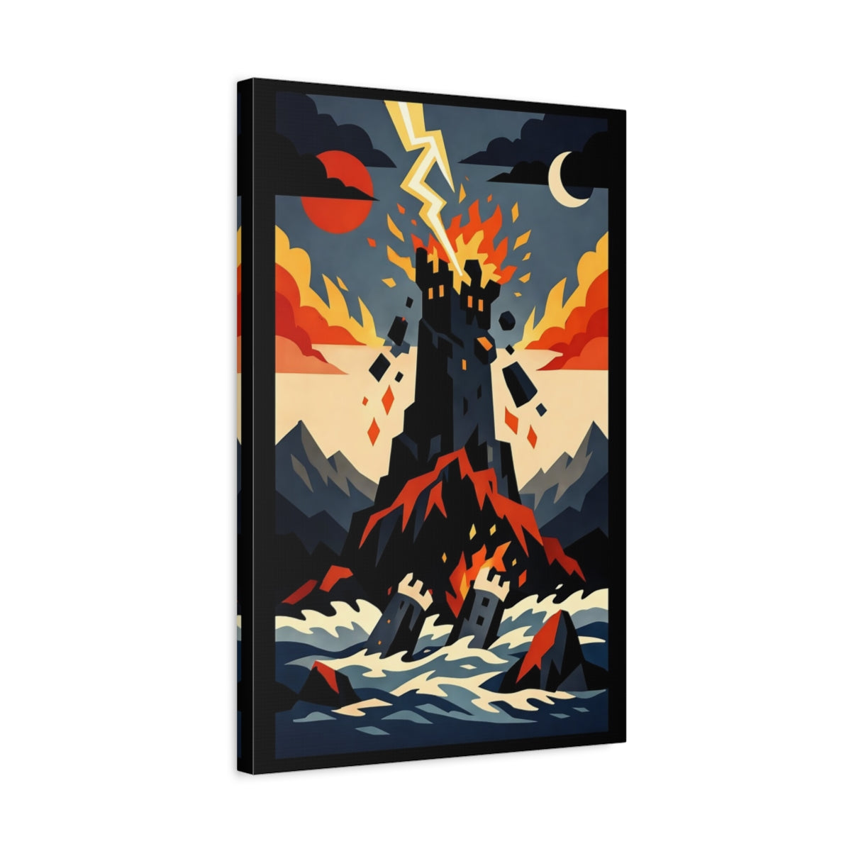 Side Mockup 3. Horror Burning Castle Castle Storm Red shown as stretched canvas wall art