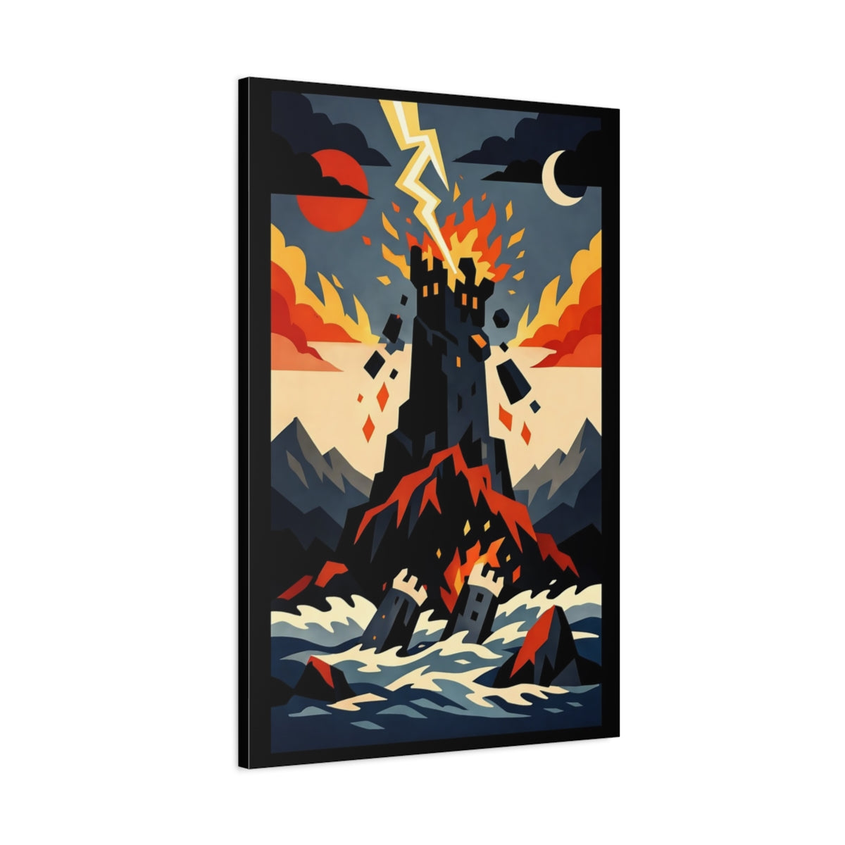 Side Mockup 1. Horror Burning Castle Castle Storm Red shown as stretched canvas wall art