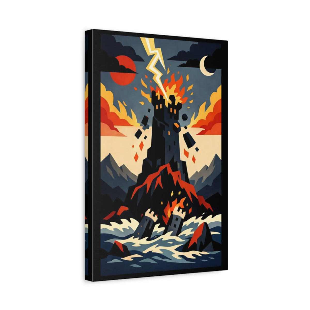 Side Mockup 4. Horror Burning Castle Castle Storm Red shown as stretched canvas wall art