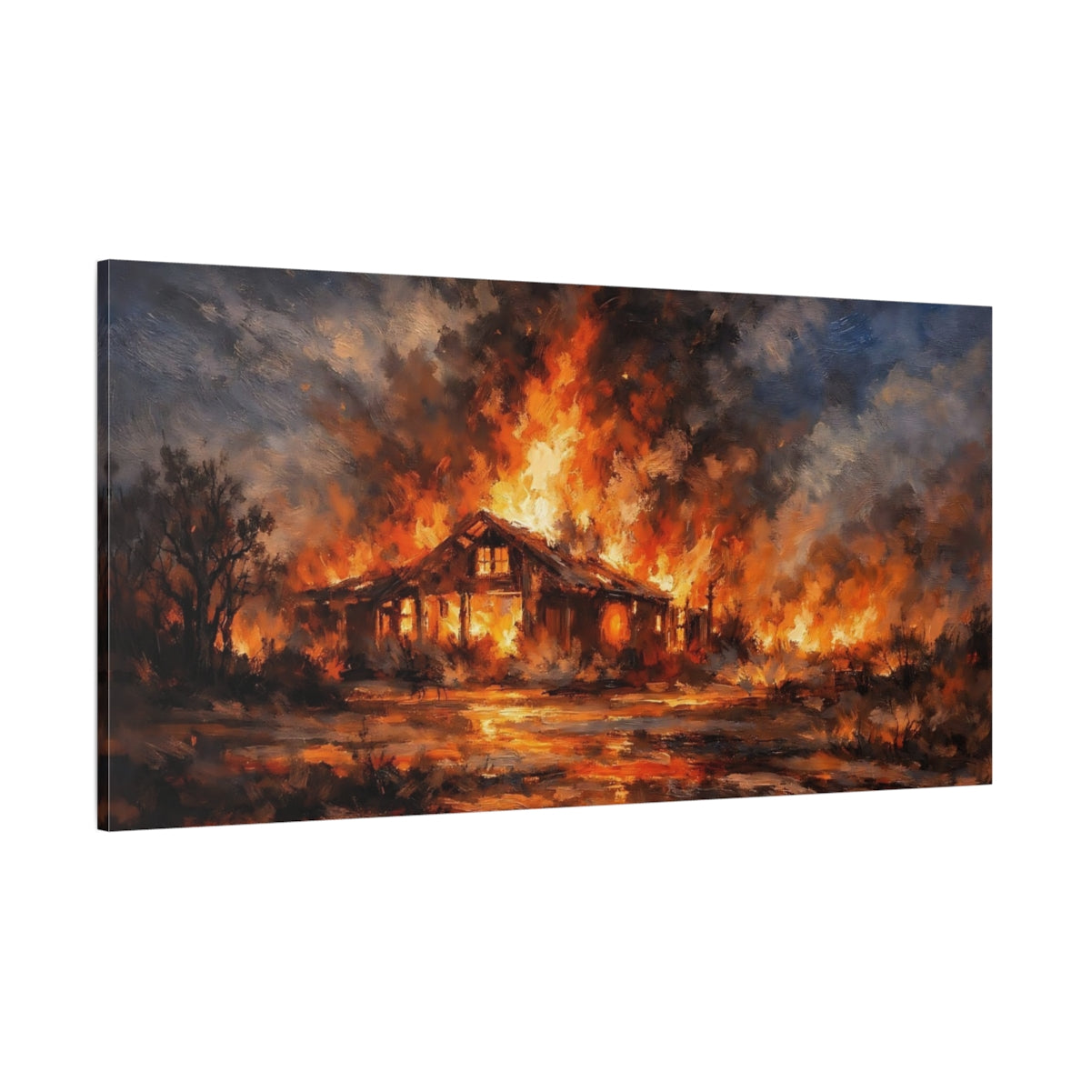 Main Mockup. Horror Burning House Orange And Blue Fire shown as stretched canvas wall art