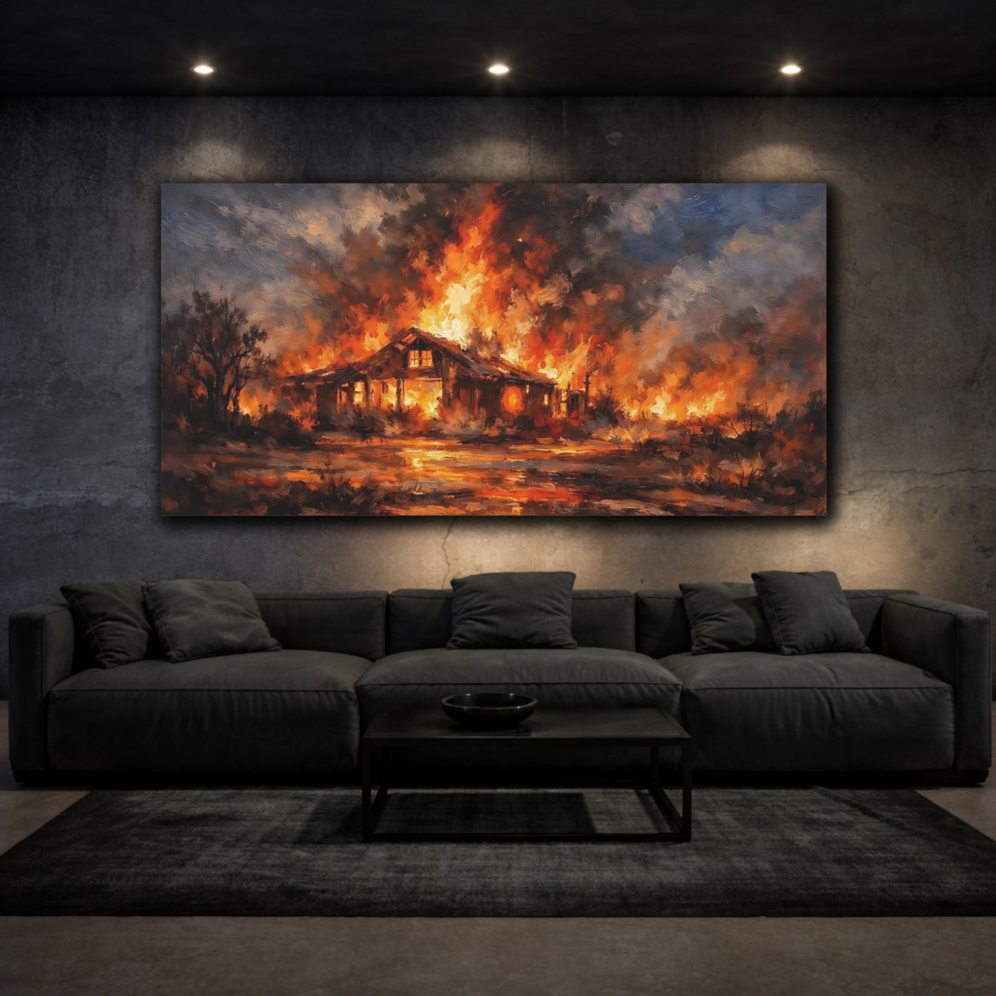Mockup 2. Horror Burning House Orange And Blue Fire shown as stretched canvas wall art