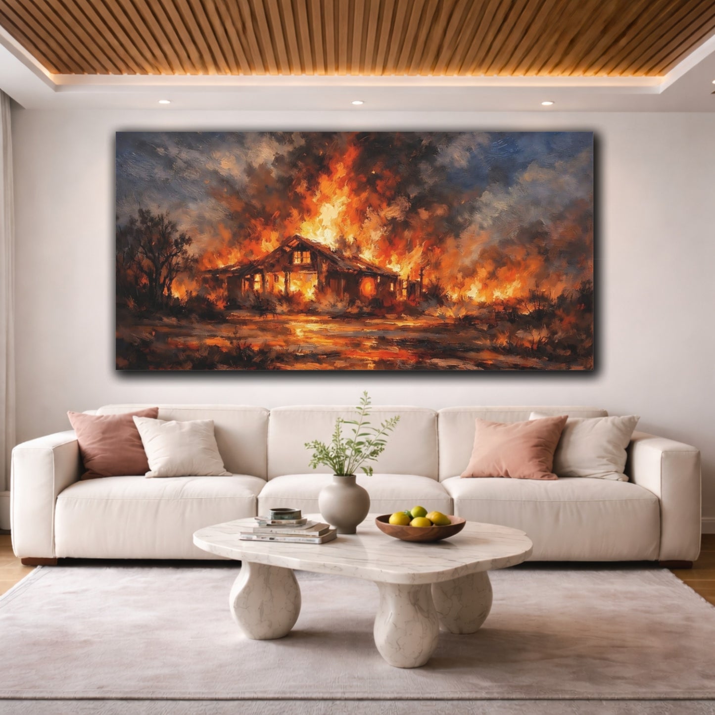 Mockup 3. Horror Burning House Orange And Blue Fire shown as stretched canvas wall art