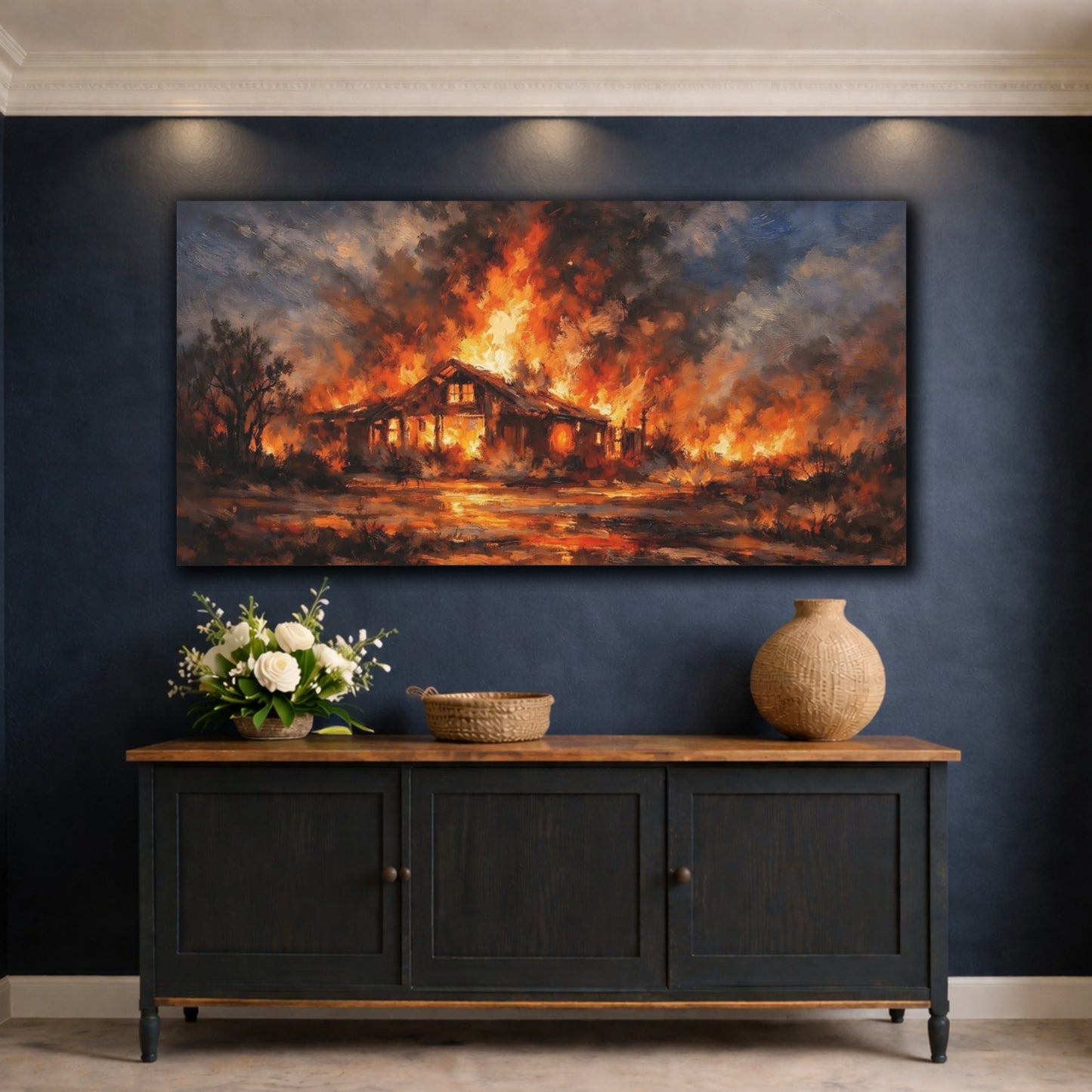 Mockup 4. Horror Burning House Orange And Blue Fire shown as stretched canvas wall art