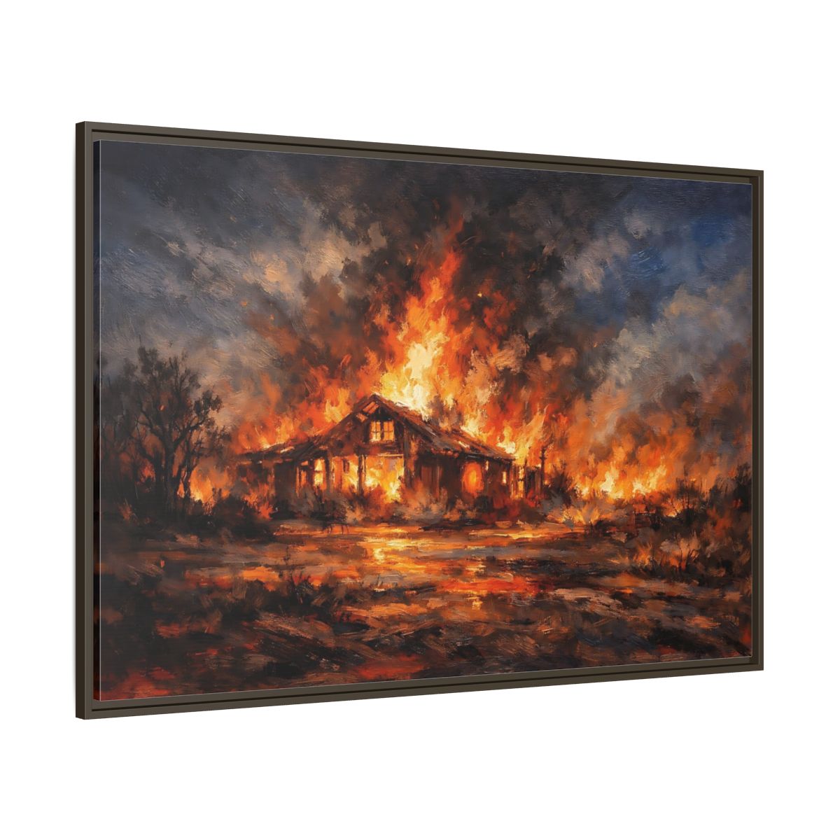 Main Mockup. Horror Burning House Orange And Dark shown as stretched canvas wall art
