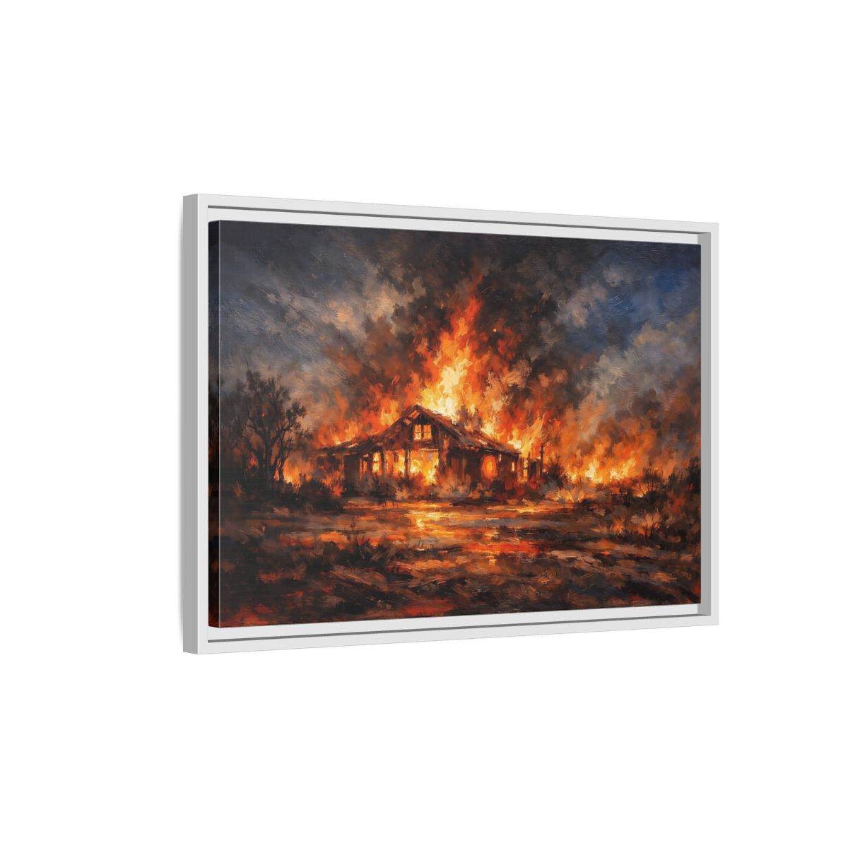 Side Mockup 1. Horror Burning House Orange And Dark shown as stretched canvas wall art