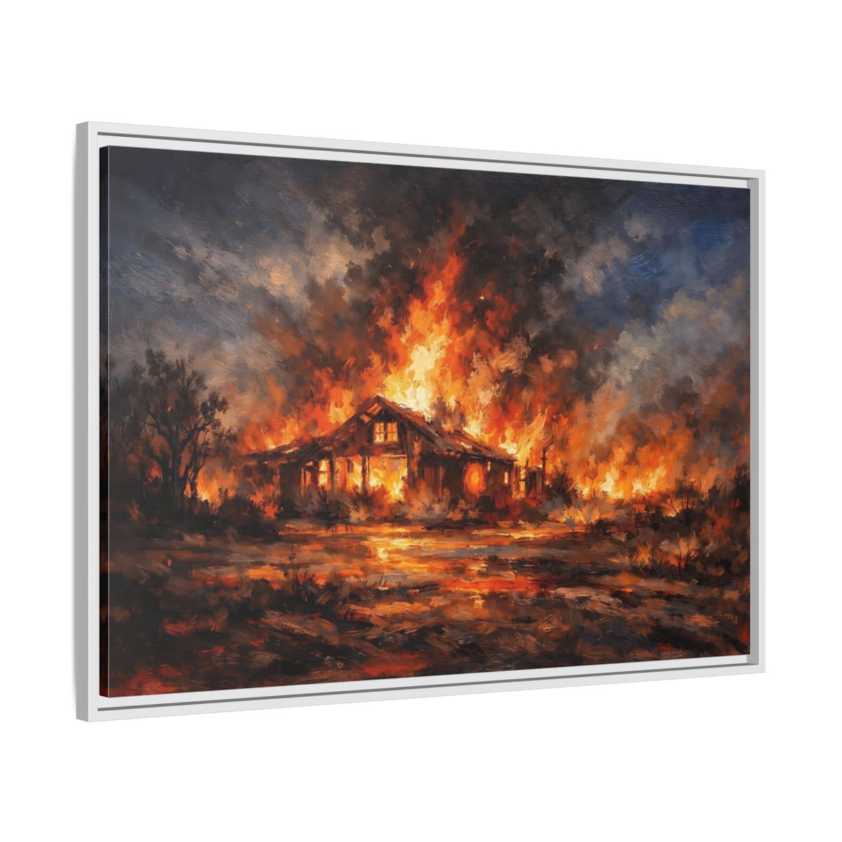 Side Mockup 8. Horror Burning House Orange And Dark shown as stretched canvas wall art