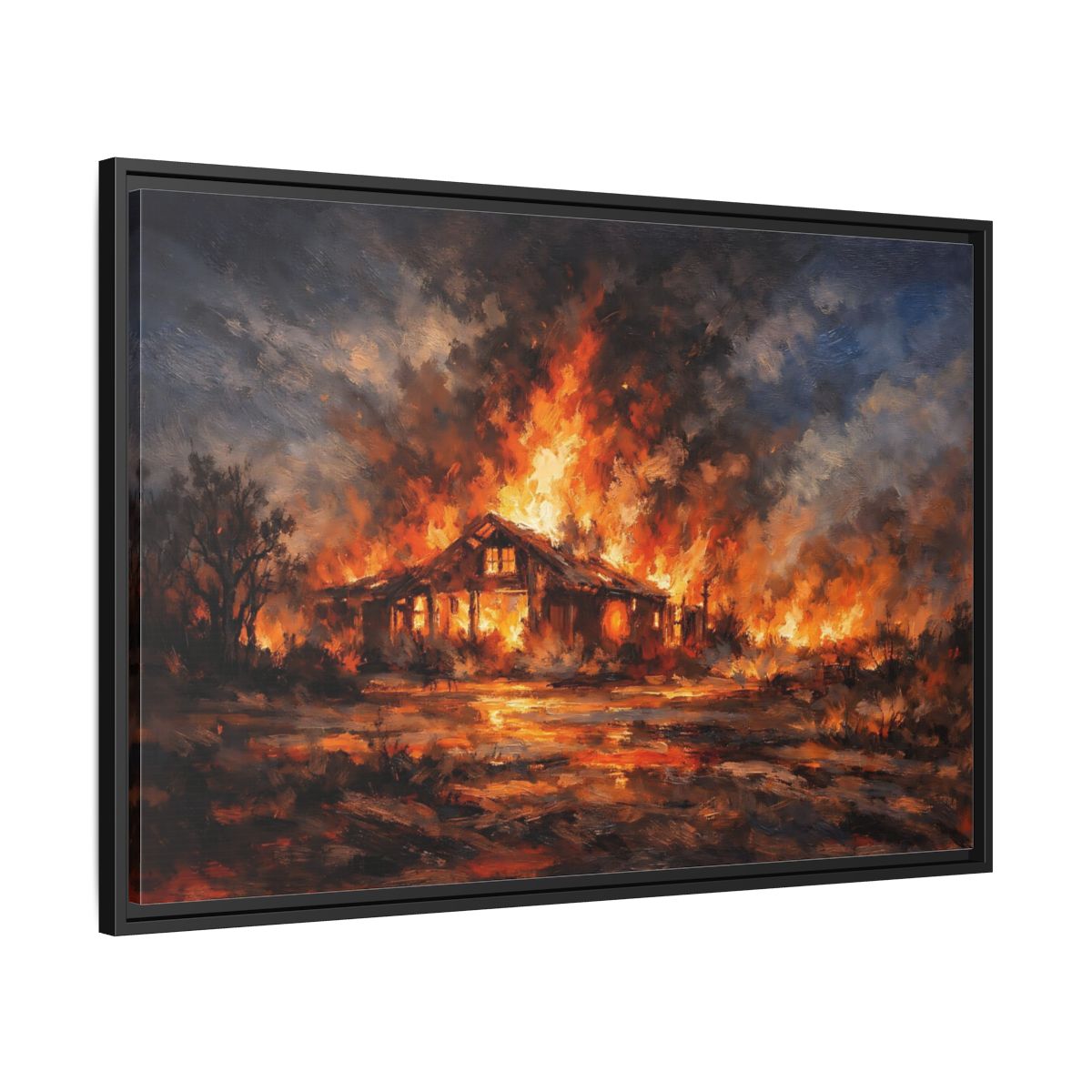 Side Mockup 13. Horror Burning House Orange And Dark shown as stretched canvas wall art