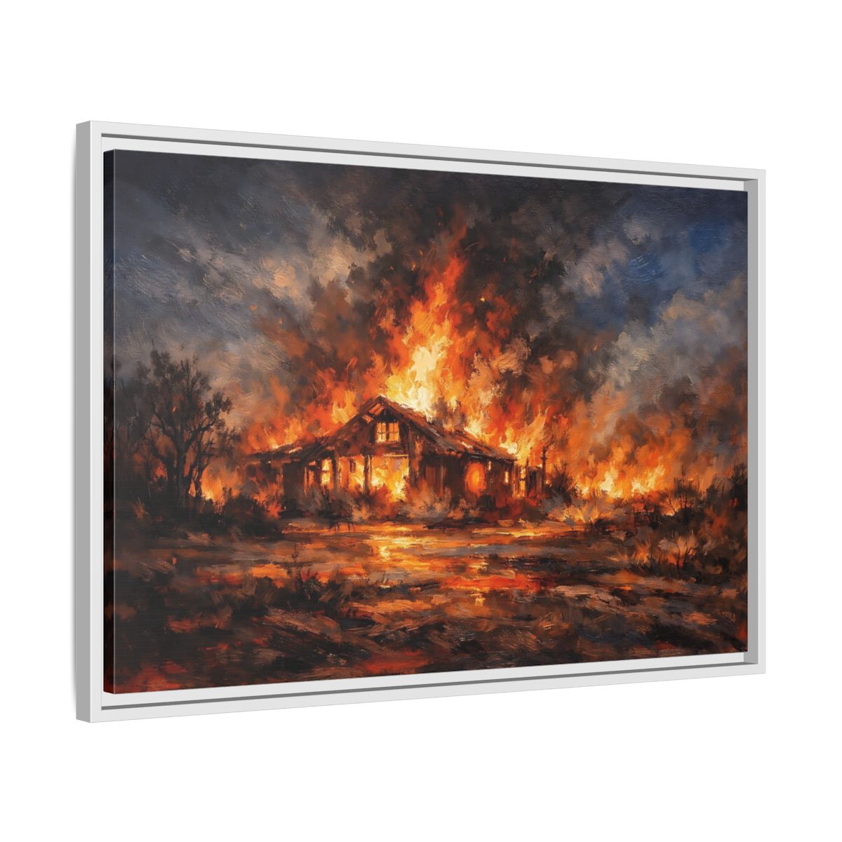 Side Mockup 10. Horror Burning House Orange And Dark shown as stretched canvas wall art