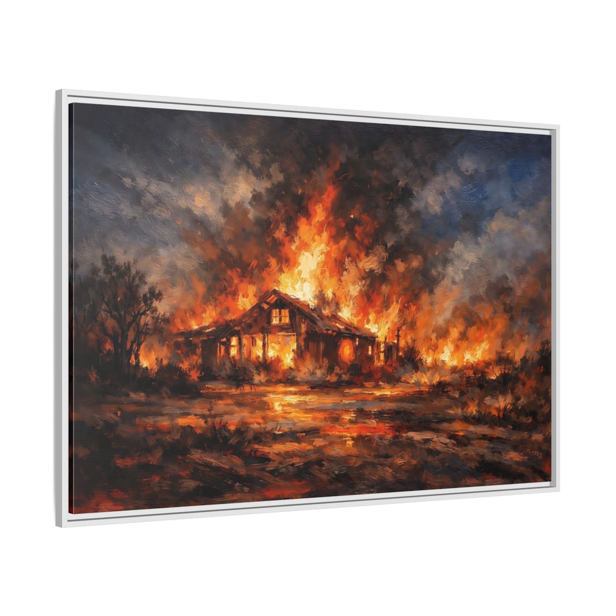 Side Mockup 7. Horror Burning House Orange And Dark shown as stretched canvas wall art