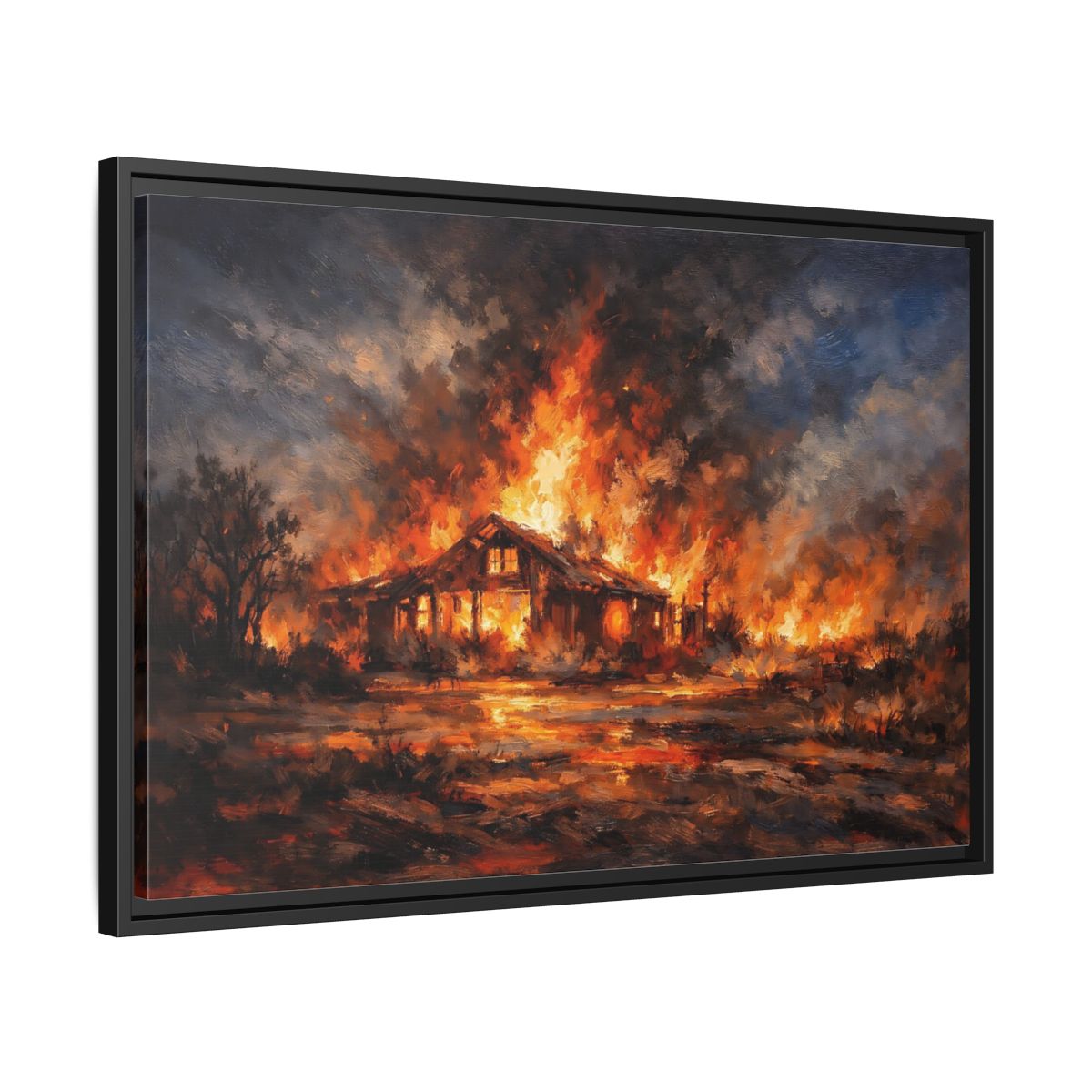 Side Mockup 14. Horror Burning House Orange And Dark shown as stretched canvas wall art