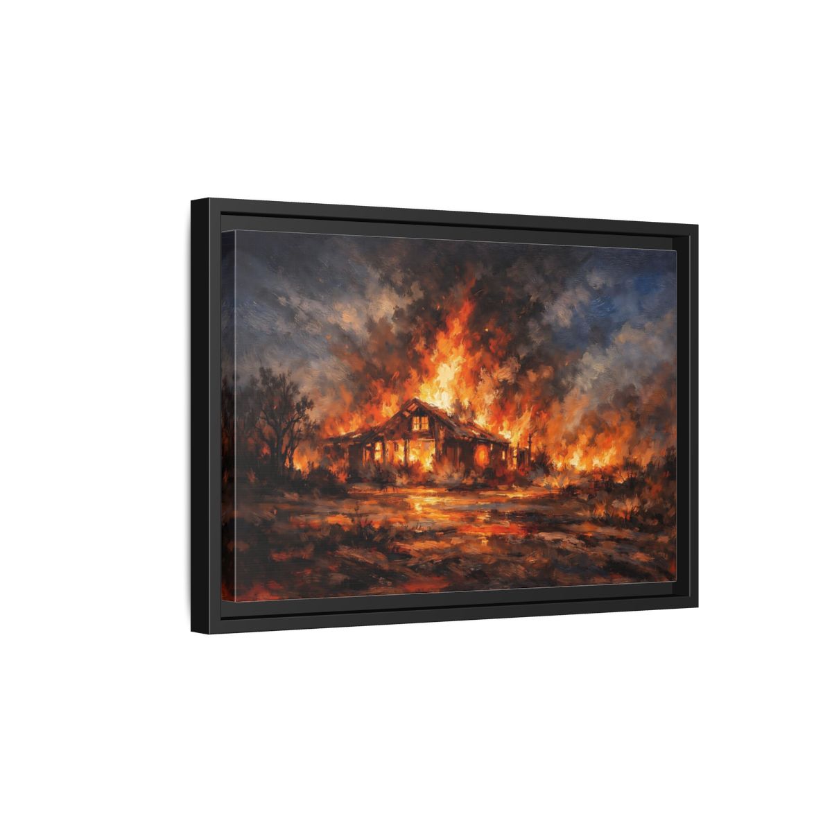 Side Mockup 6. Horror Burning House Orange And Dark shown as stretched canvas wall art