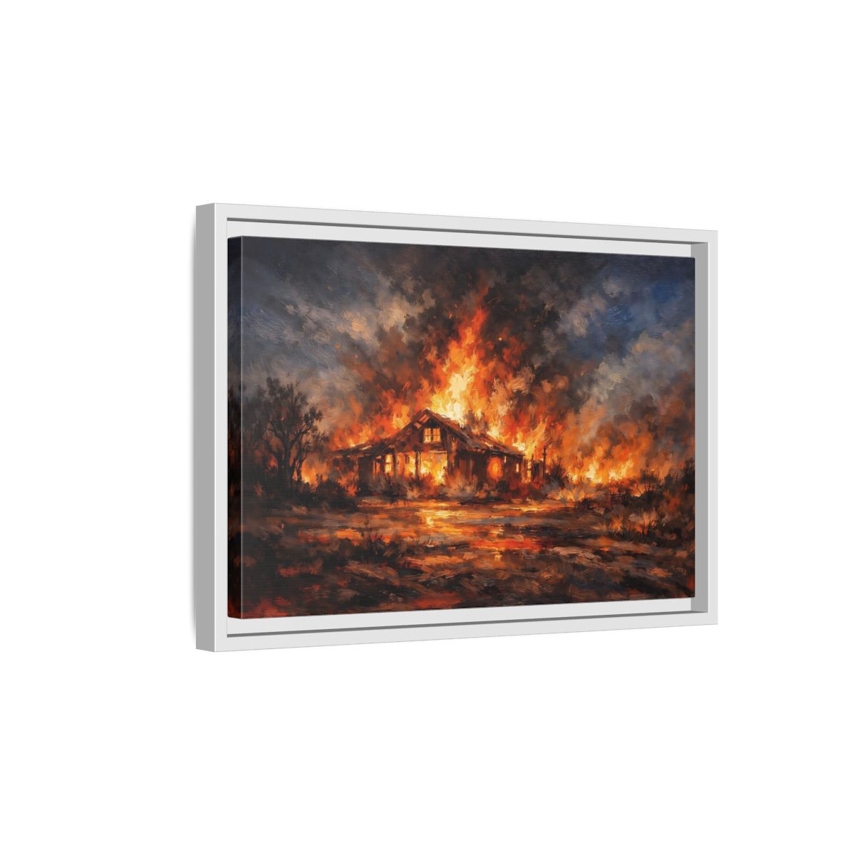 Side Mockup 4. Horror Burning House Orange And Dark shown as stretched canvas wall art