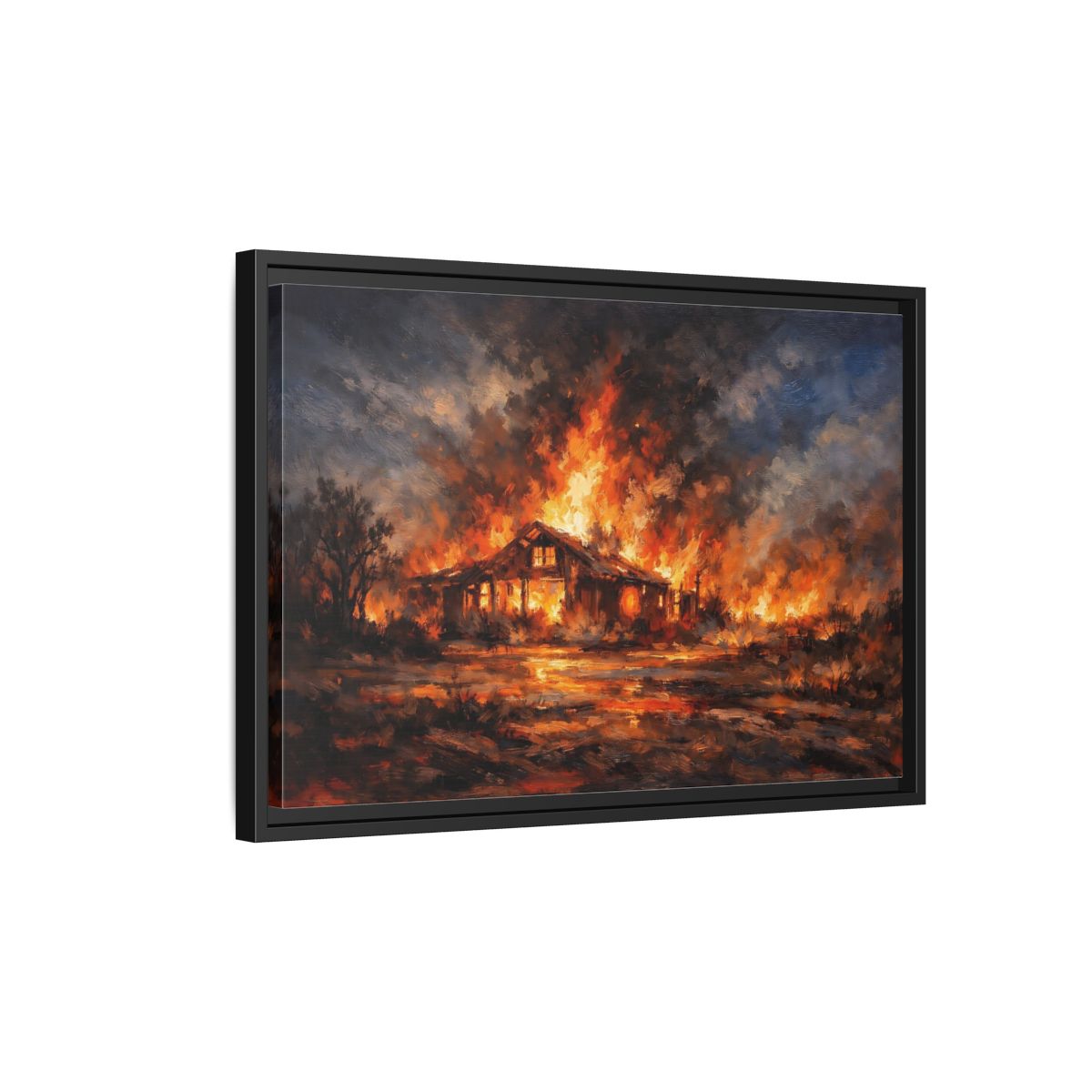 Side Mockup 3. Horror Burning House Orange And Dark shown as stretched canvas wall art