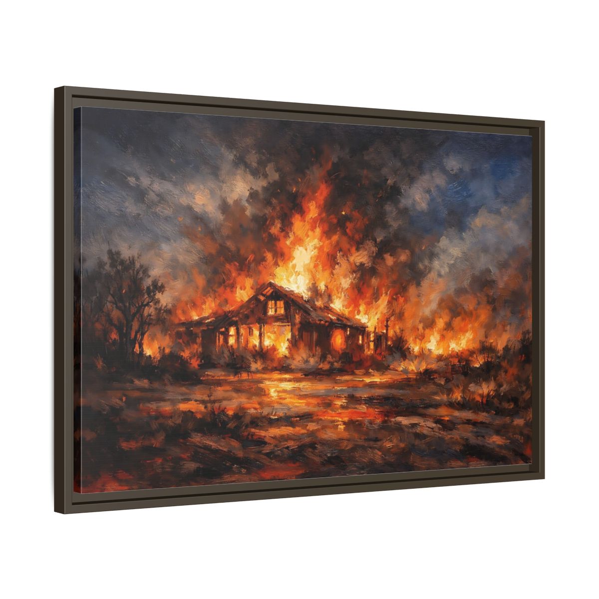 Side Mockup 11. Horror Burning House Orange And Dark shown as stretched canvas wall art