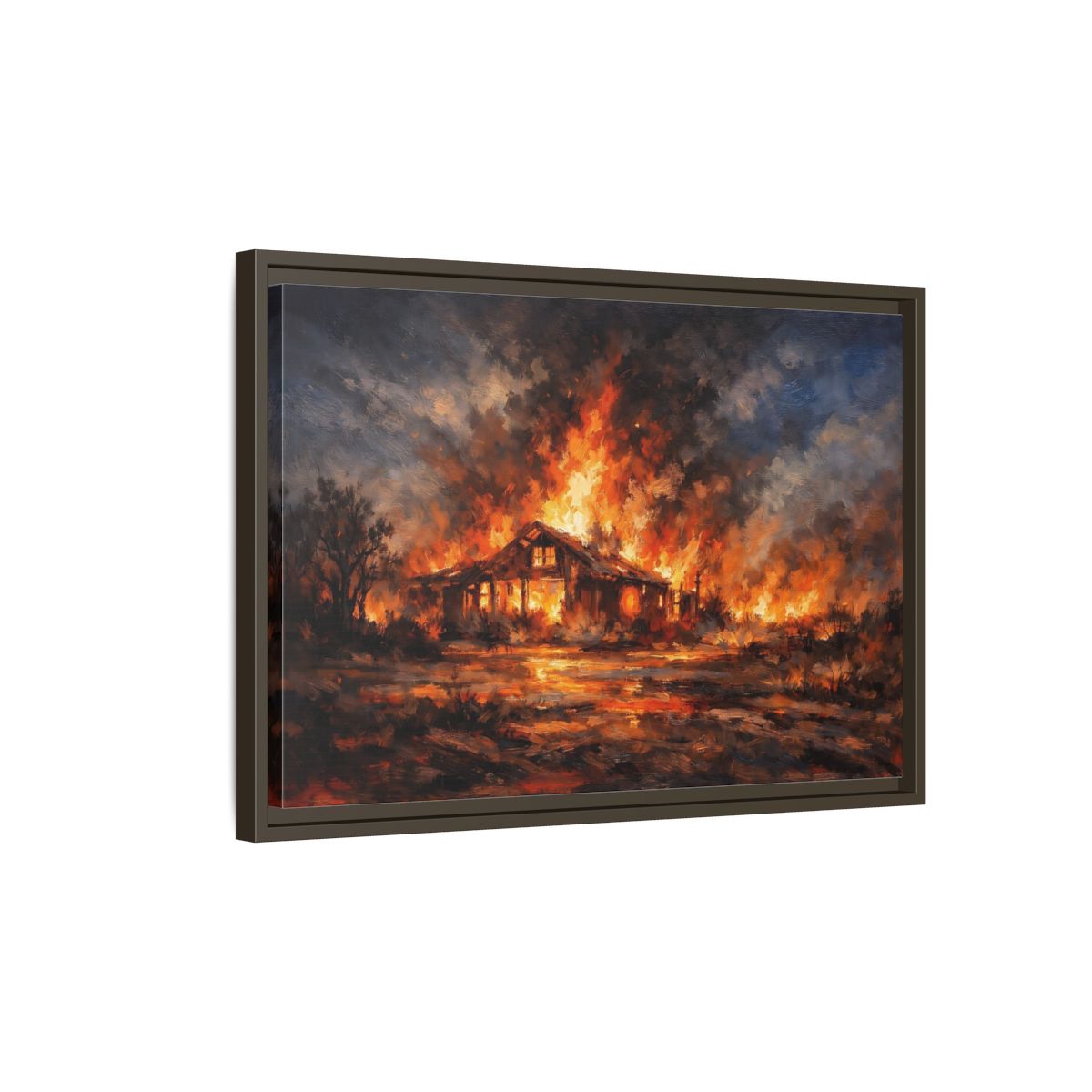 Side Mockup 2. Horror Burning House Orange And Dark shown as stretched canvas wall art