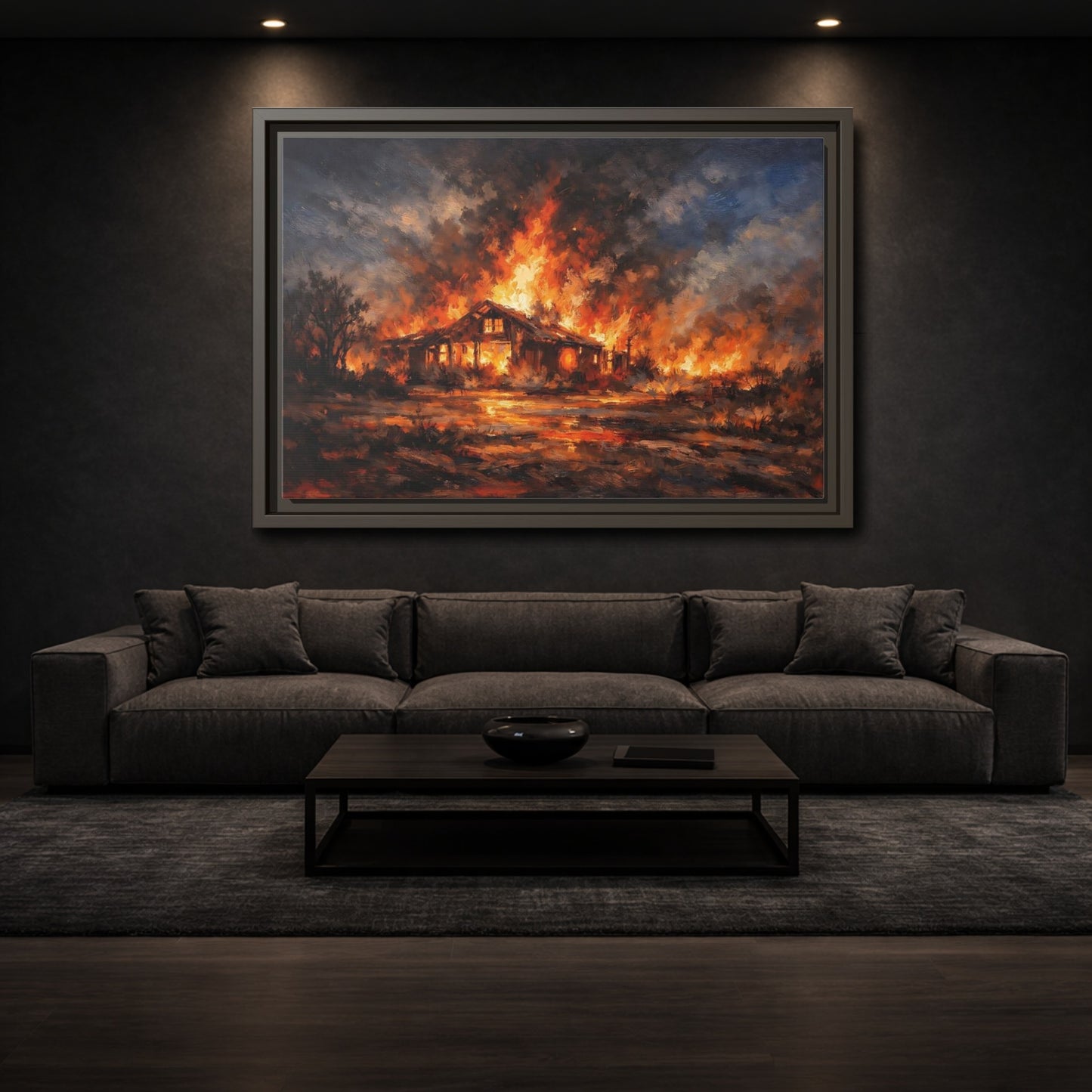 Mockup 2. Horror Burning House Orange And Dark shown as stretched canvas wall art