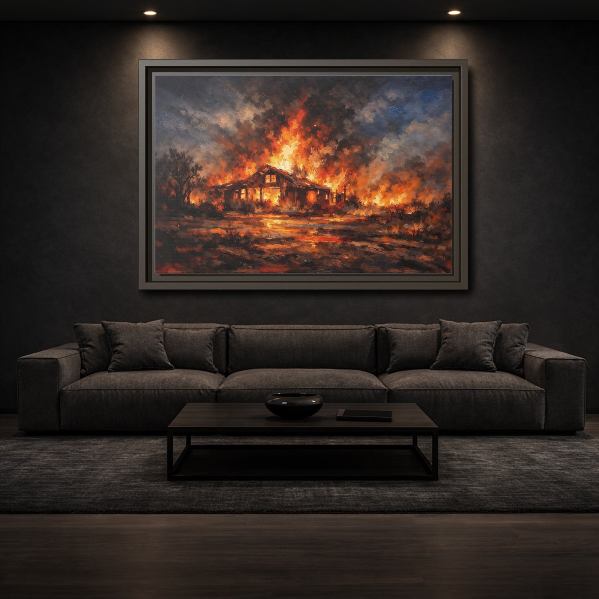 Mockup 2. Horror Burning House Orange And Dark shown as stretched canvas wall art