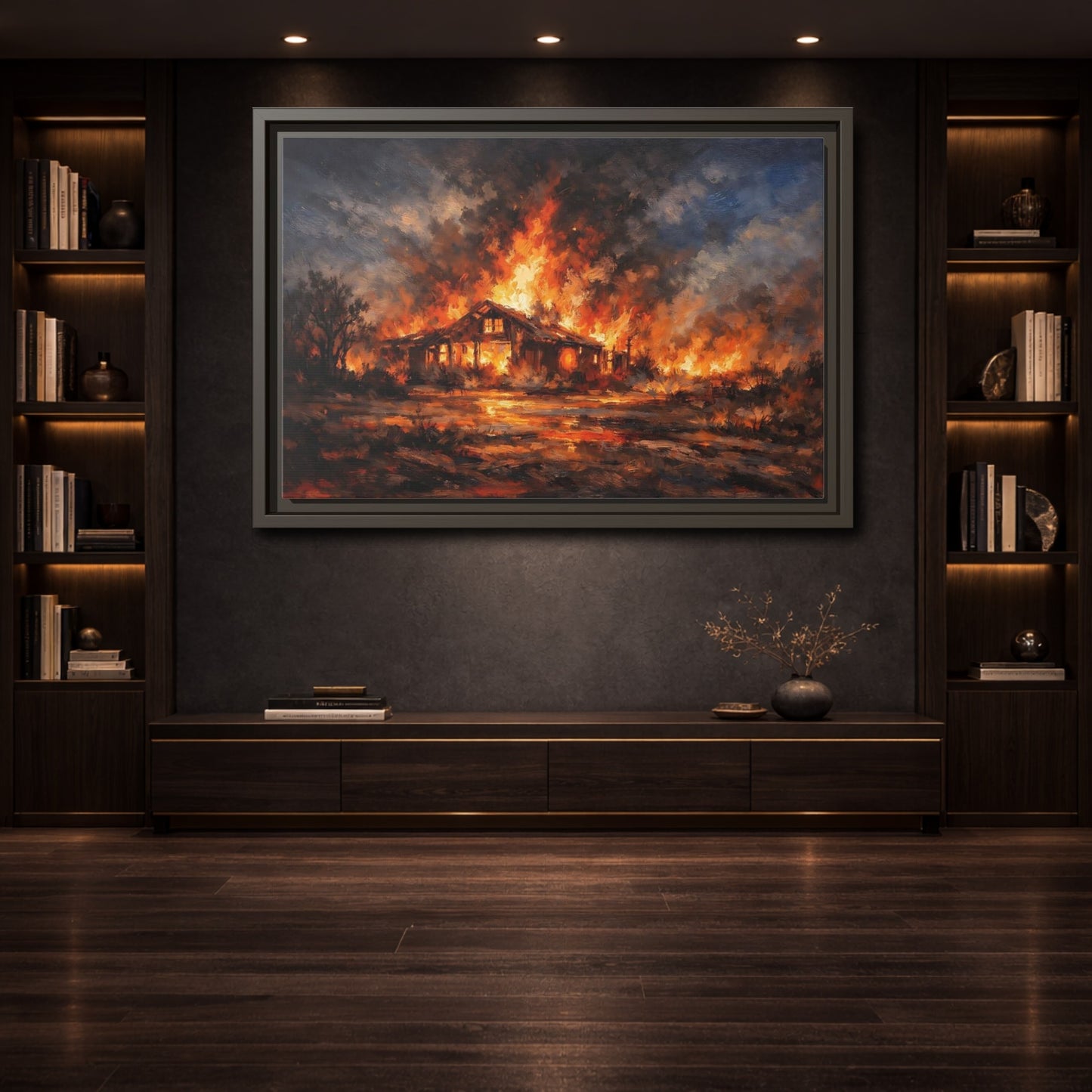 Mockup 3. Horror Burning House Orange And Dark shown as stretched canvas wall art