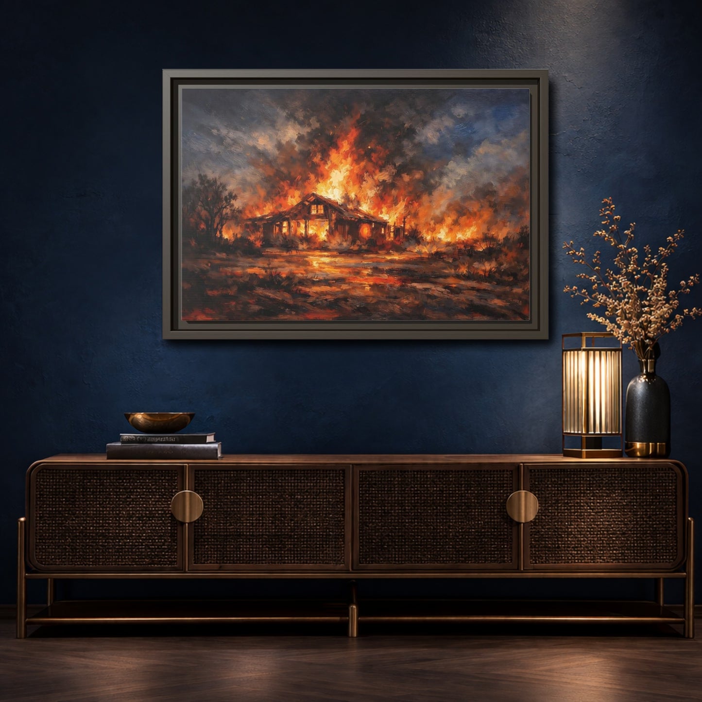 Mockup 4. Horror Burning House Orange And Dark shown as stretched canvas wall art