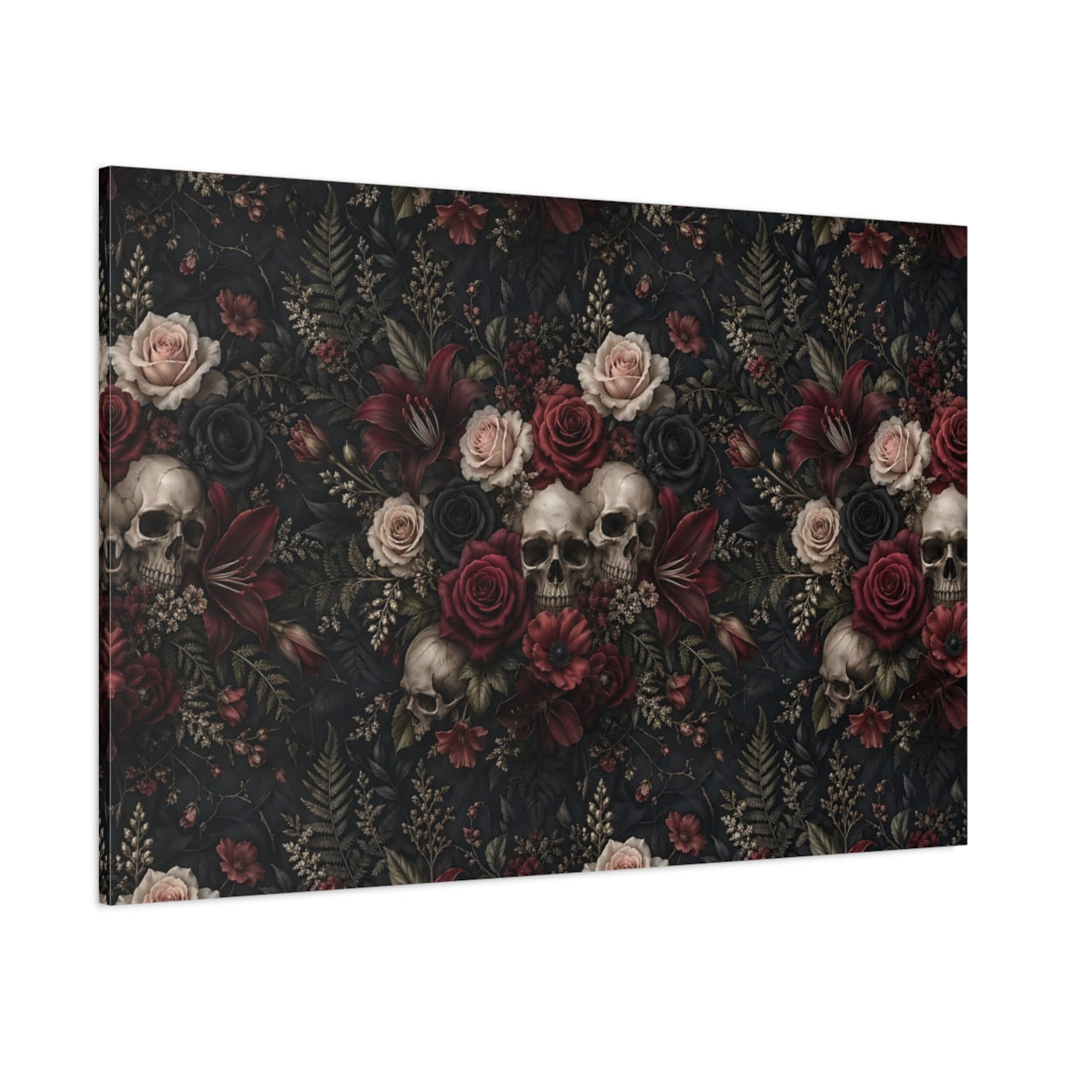 Side Mockup 1. Horror Floral Skulls Dark Floral Skulls shown as stretched canvas wall art
