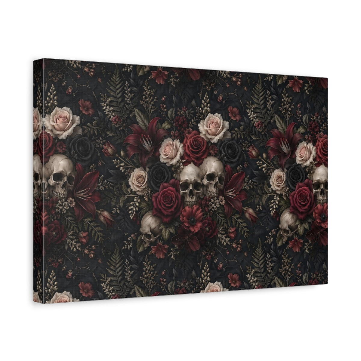Side Mockup 4. Horror Floral Skulls Dark Floral Skulls shown as stretched canvas wall art