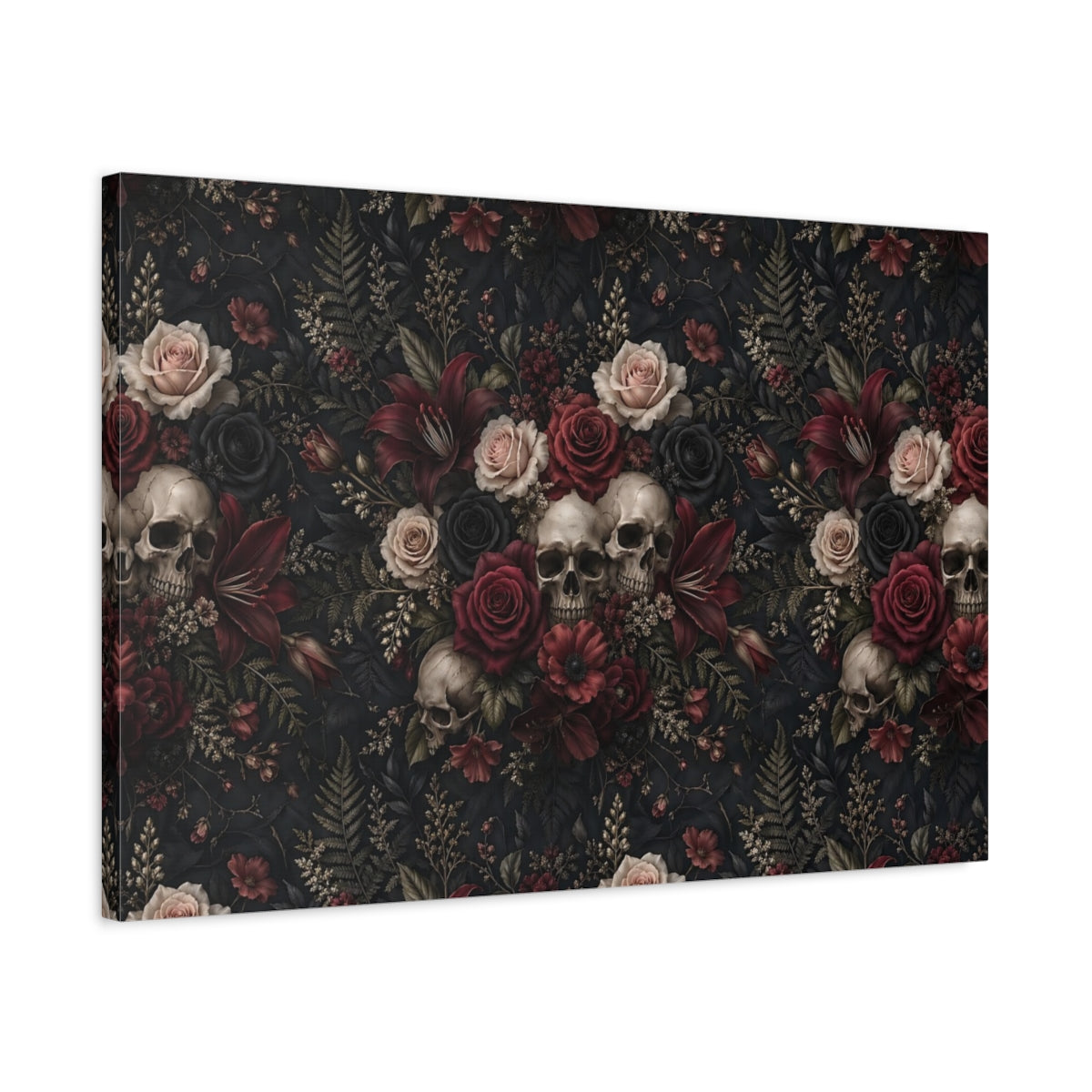 Side Mockup 2. Horror Floral Skulls Dark Floral Skulls shown as stretched canvas wall art