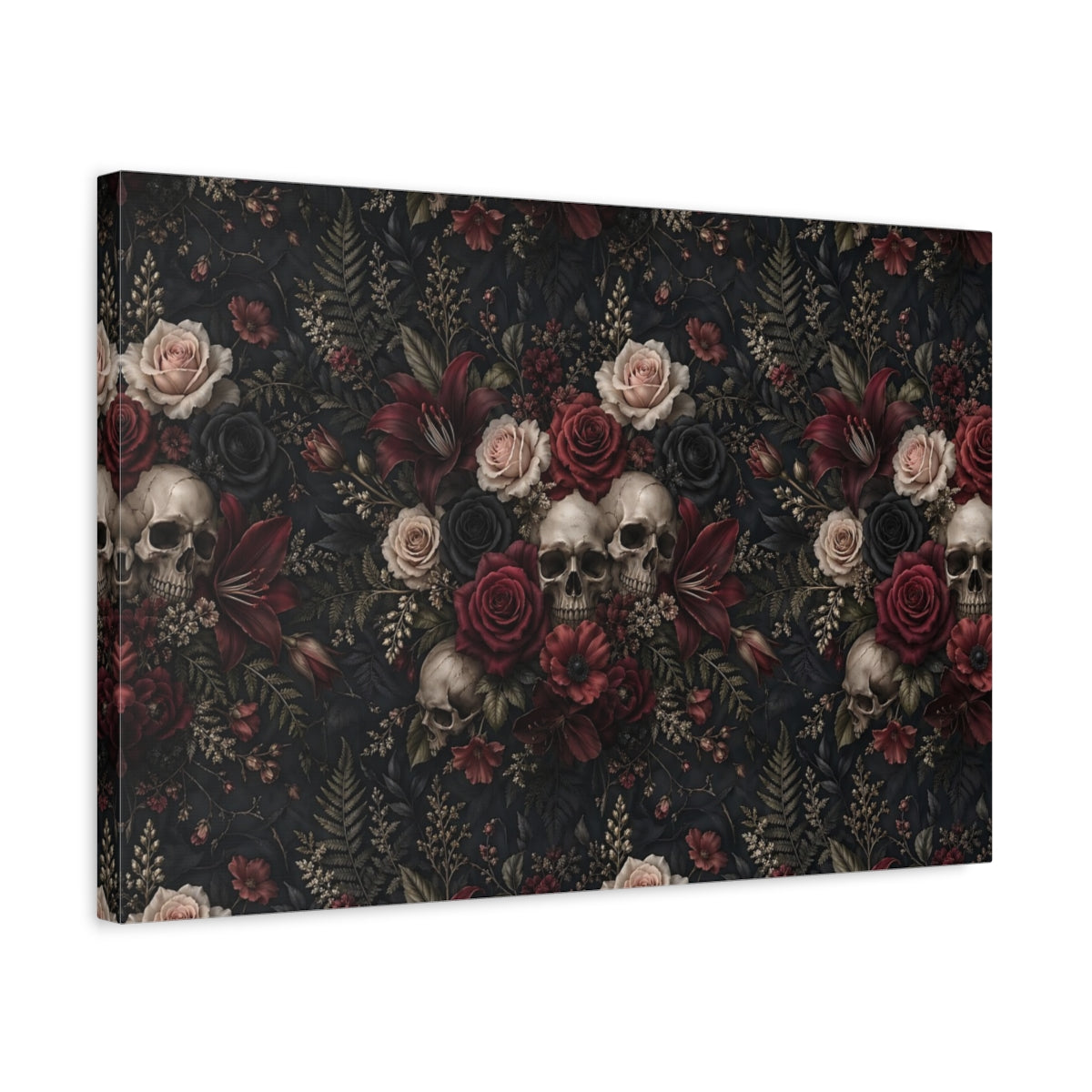 Side Mockup 3. Horror Floral Skulls Dark Floral Skulls shown as stretched canvas wall art