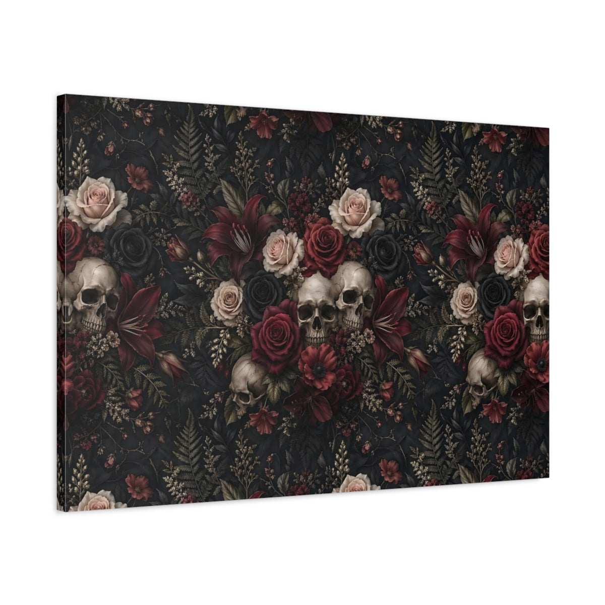 Main Mockup. Horror Floral Skulls Dark Floral Skulls shown as stretched canvas wall art