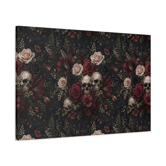 Main Mockup. Horror Floral Skulls Dark Floral Skulls shown as stretched canvas wall art