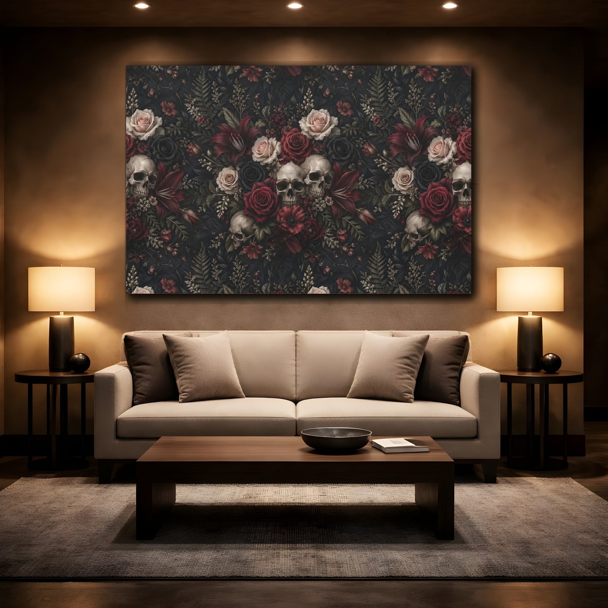 Mockup 2. Horror Floral Skulls Dark Floral Skulls shown as stretched canvas wall art