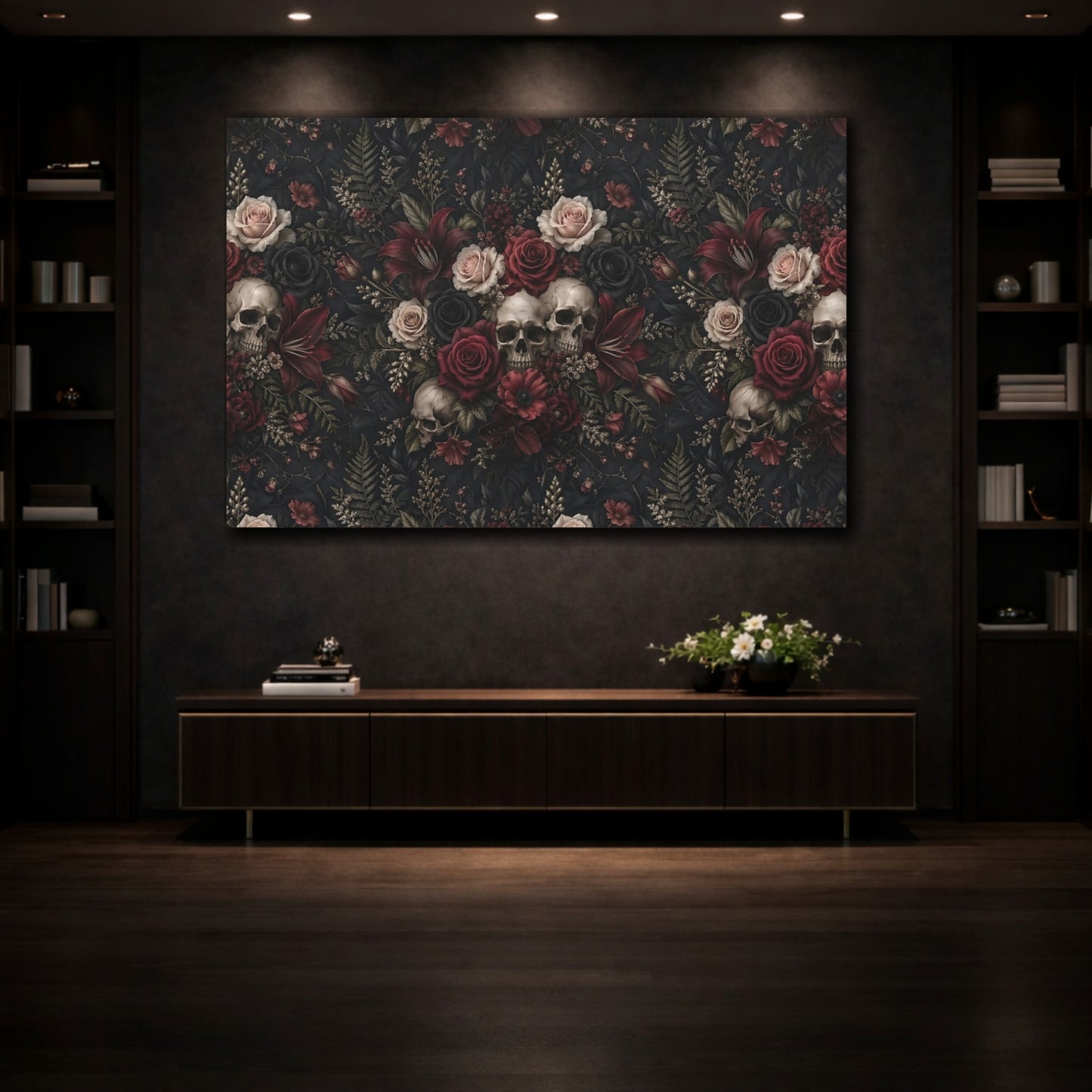 Mockup 3. Horror Floral Skulls Dark Floral Skulls shown as stretched canvas wall art