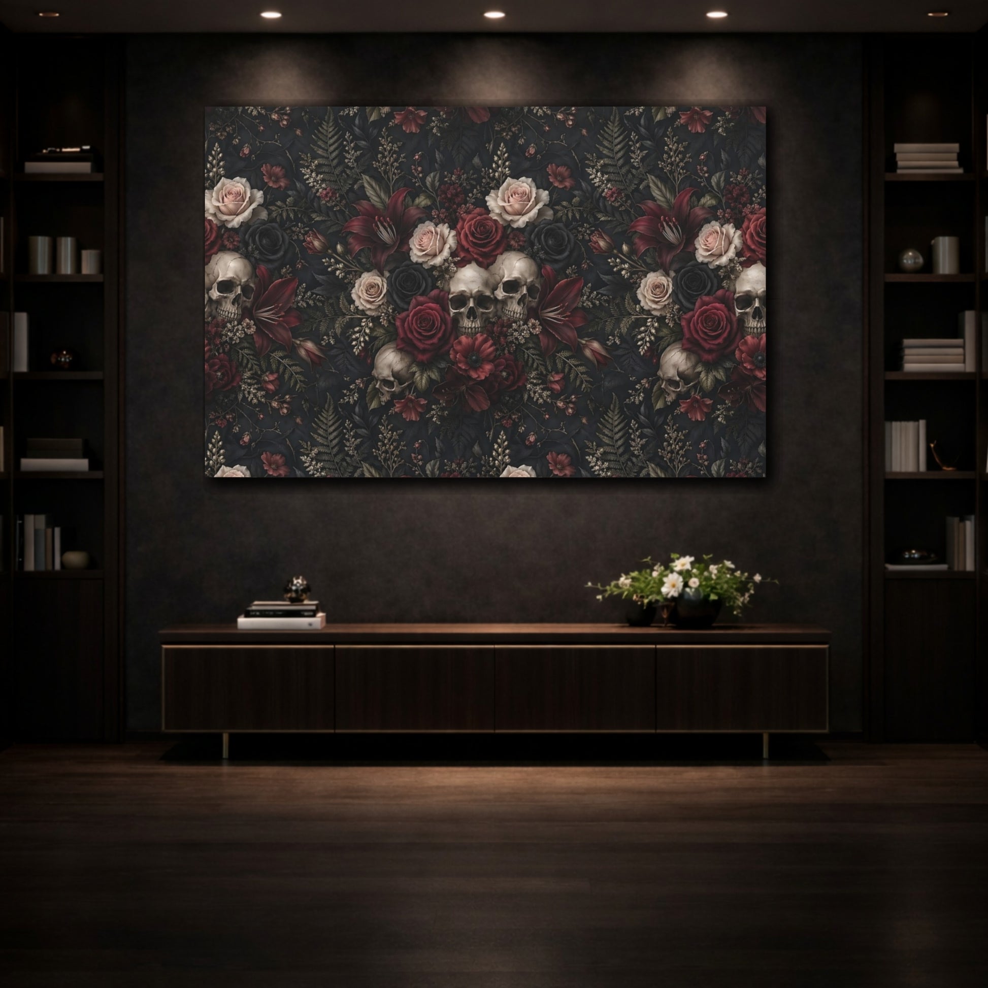 Mockup 3. Horror Floral Skulls Dark Floral Skulls shown as stretched canvas wall art