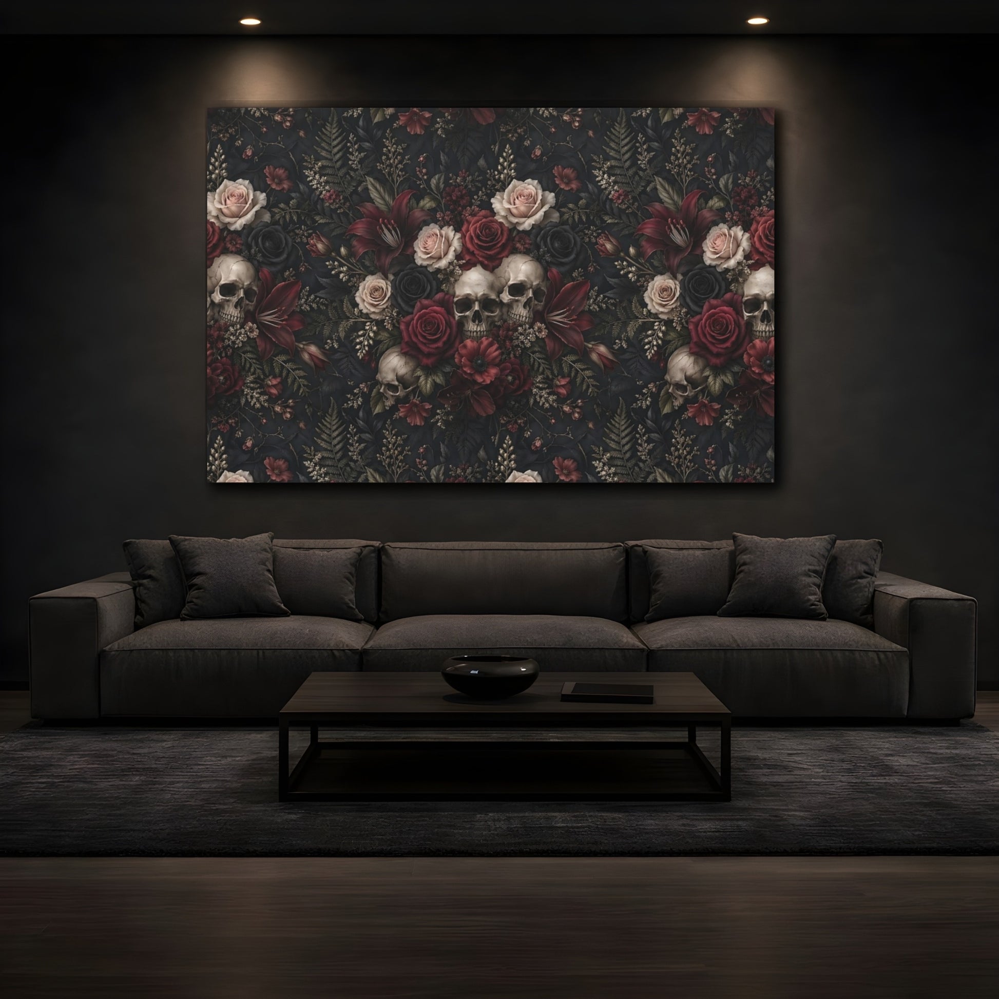 Mockup 4. Horror Floral Skulls Dark Floral Skulls shown as stretched canvas wall art