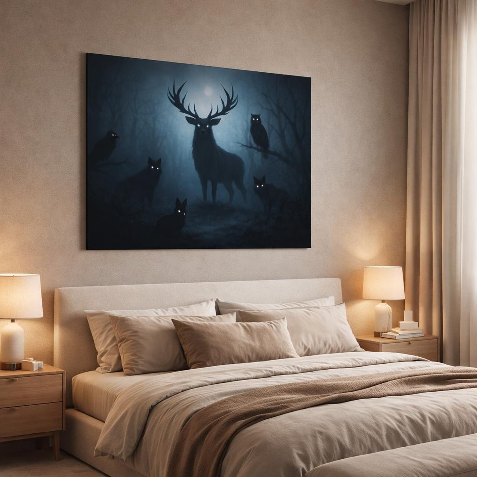 Horror Forest Animals shown as canvas wall art in a luxury bedroom