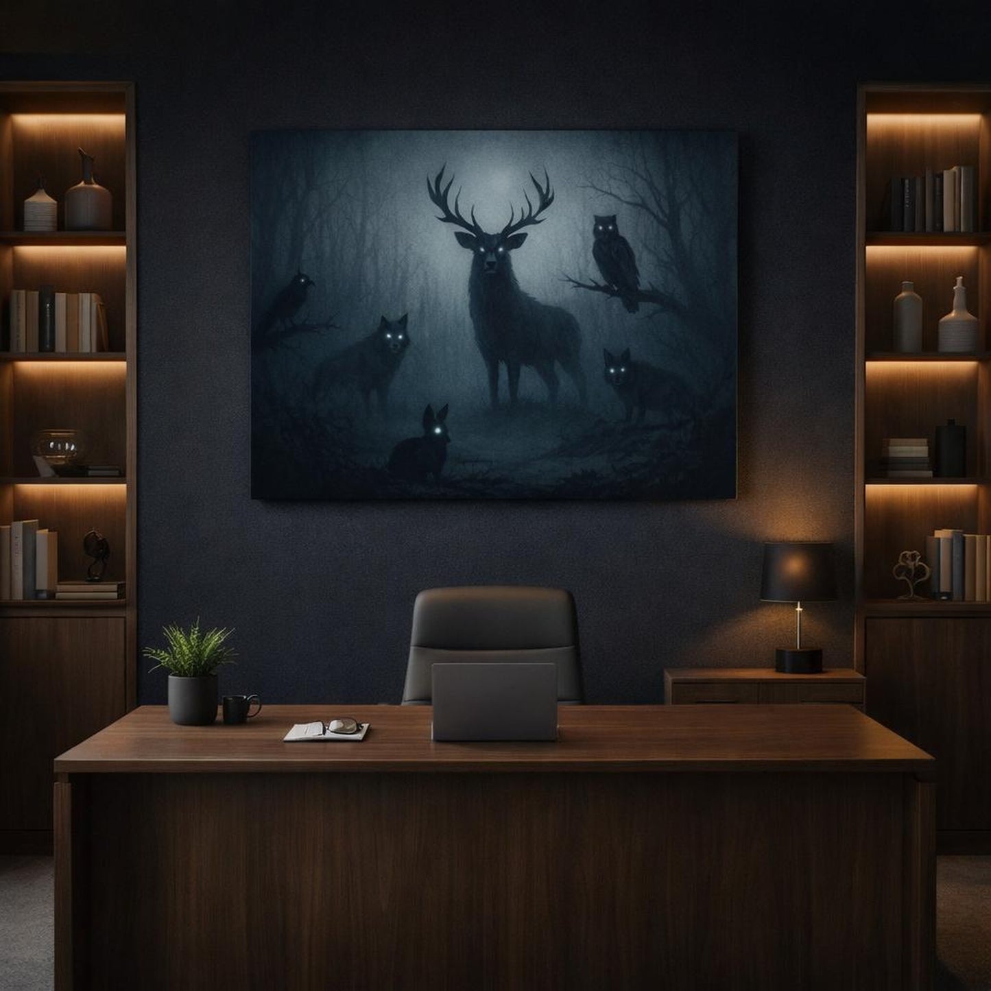 Horror Forest Animals shown as canvas wall art in a refined dining room