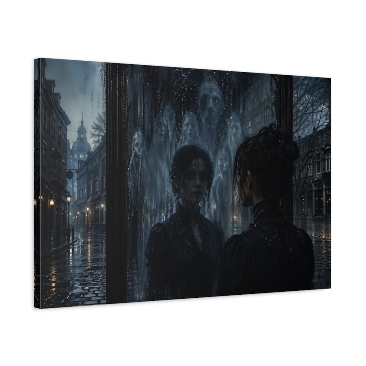Side Mockup 2. Horror Ghostly Mirror Dark Urban shown as stretched canvas wall art