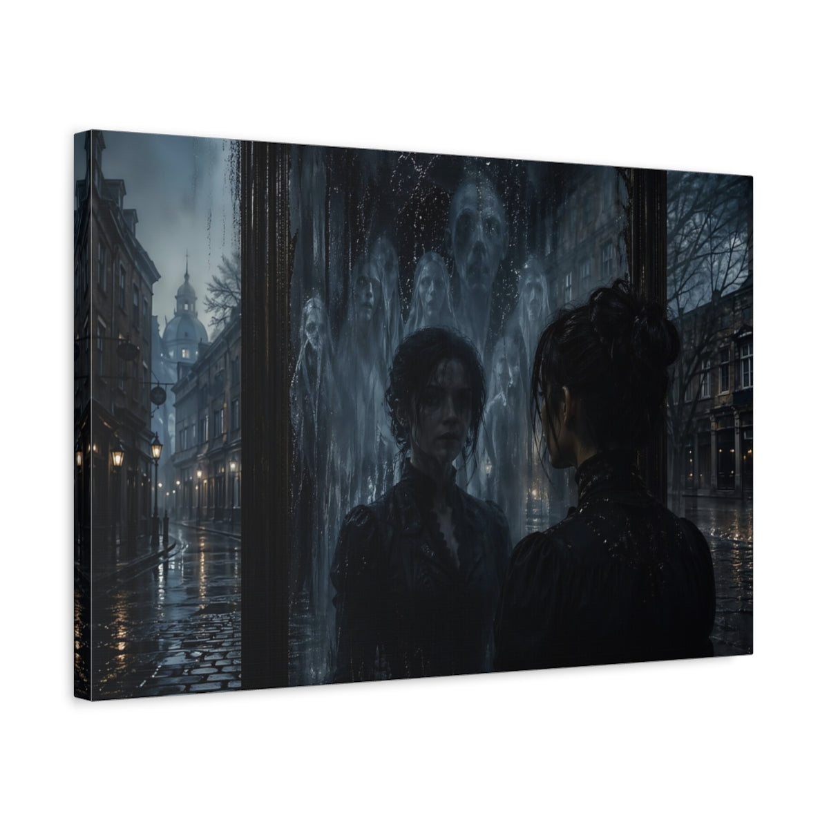 Side Mockup 3. Horror Ghostly Mirror Dark Urban shown as stretched canvas wall art