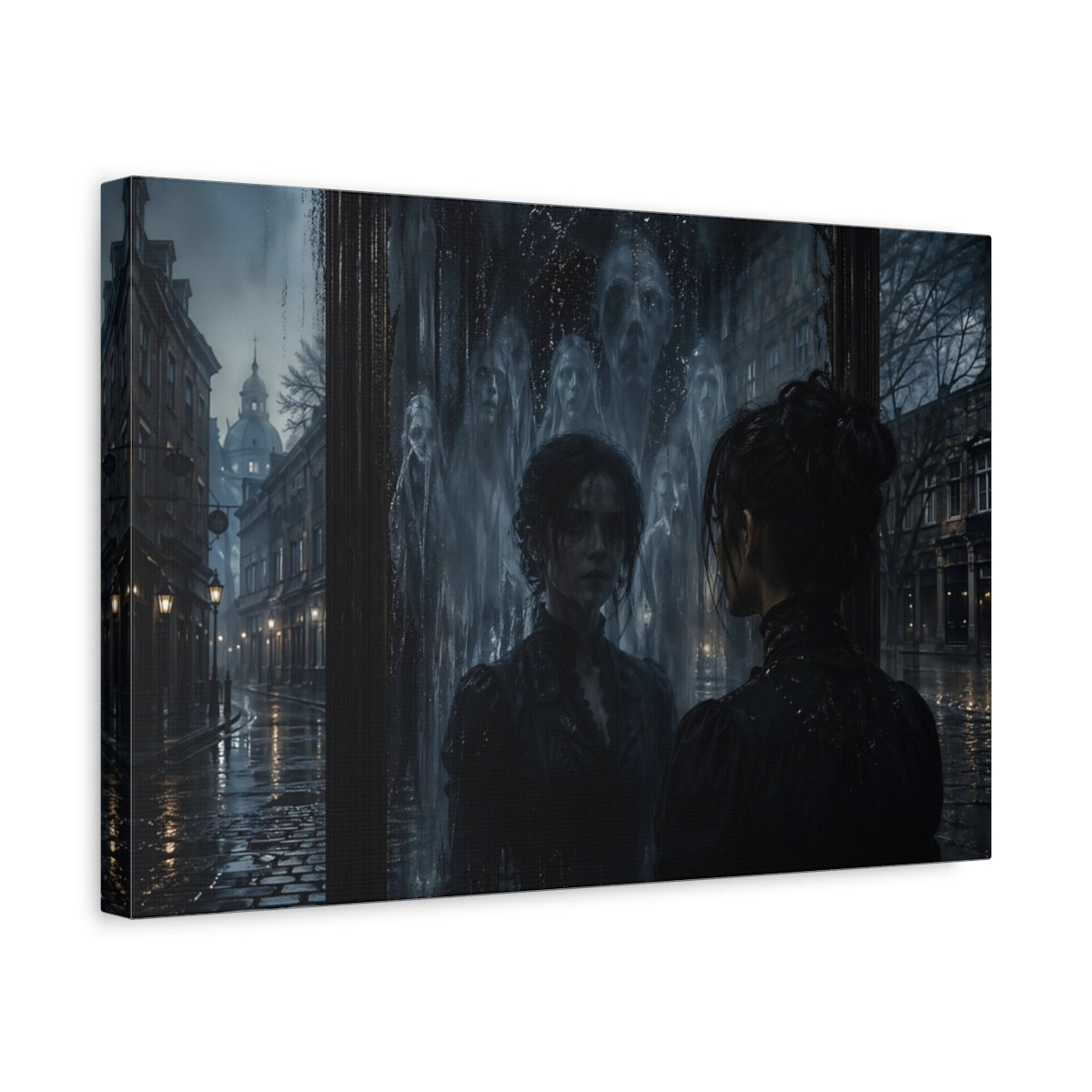 Side Mockup 4. Horror Ghostly Mirror Dark Urban shown as stretched canvas wall art