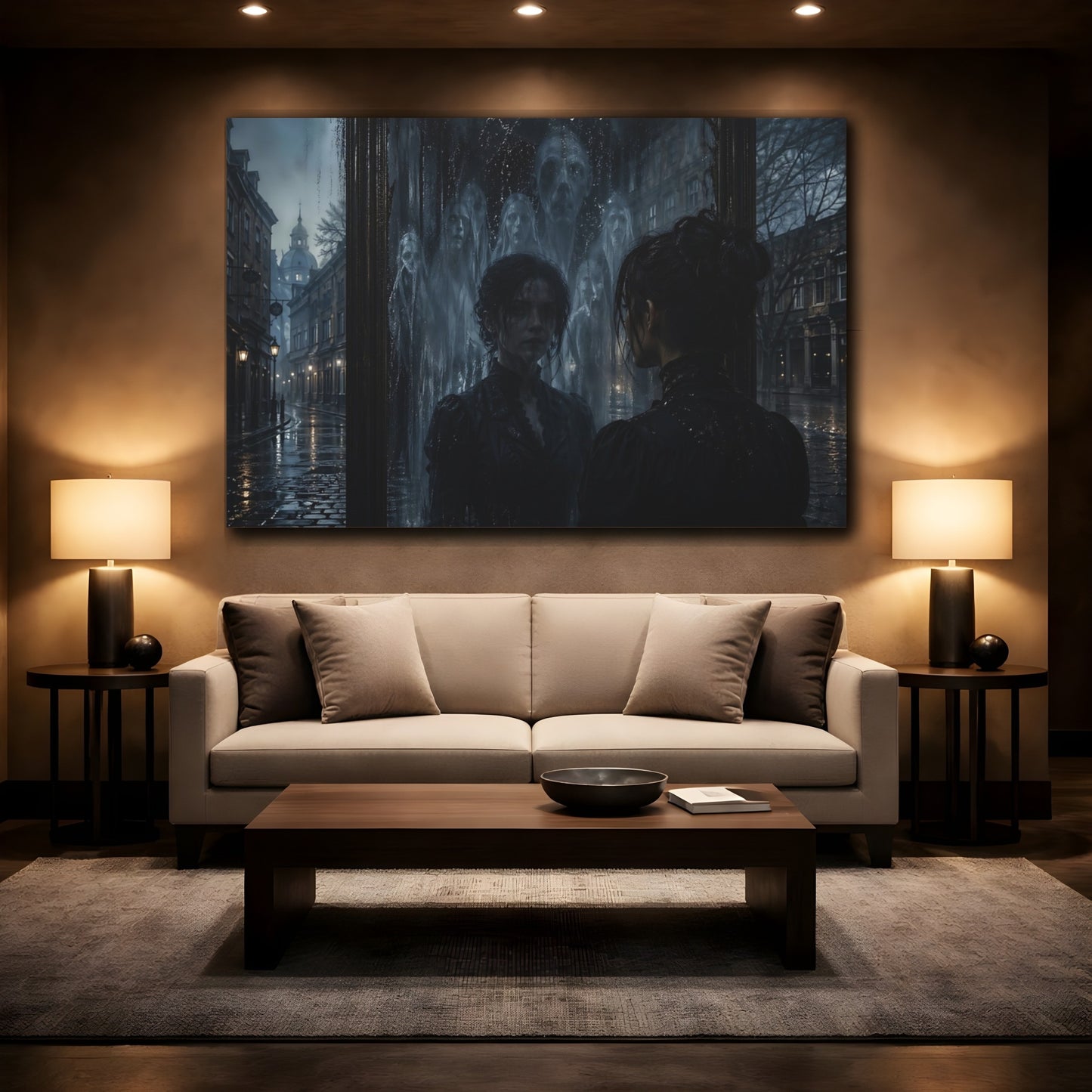 Mockup 2. Horror Ghostly Mirror Dark Urban shown as stretched canvas wall art