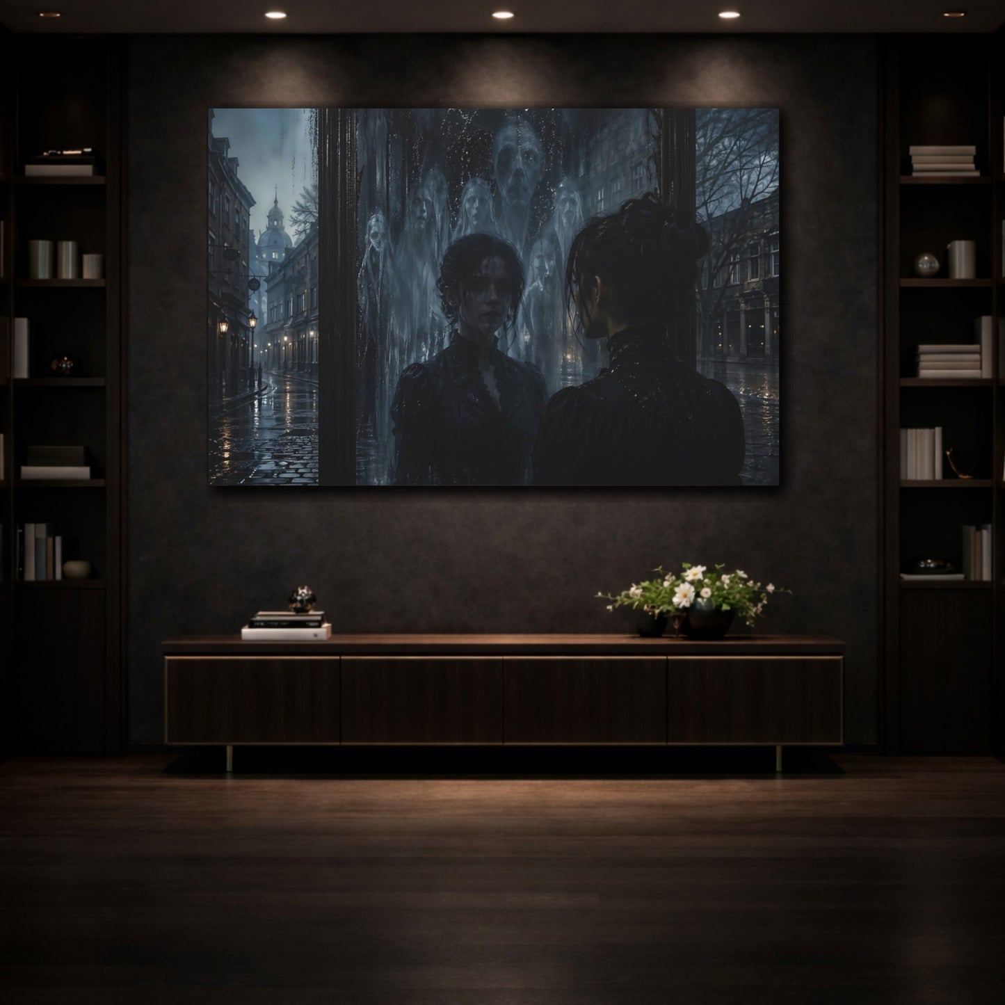 Mockup 3. Horror Ghostly Mirror Dark Urban shown as stretched canvas wall art