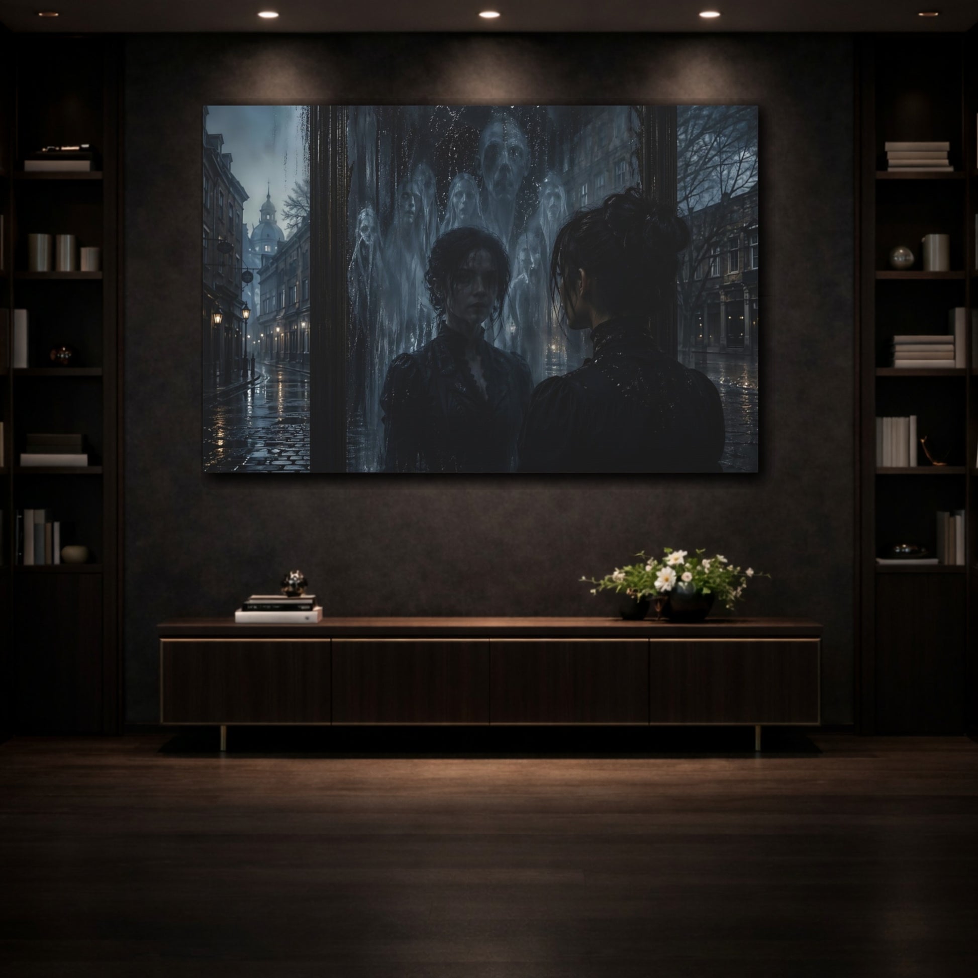 Mockup 3. Horror Ghostly Mirror Dark Urban shown as stretched canvas wall art