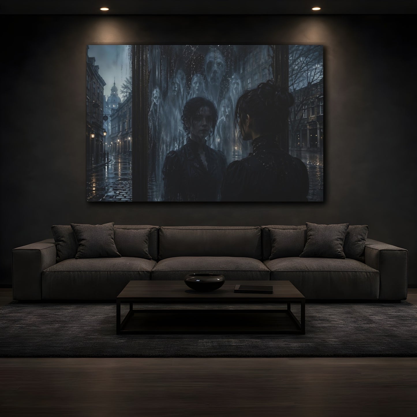 Mockup 4. Horror Ghostly Mirror Dark Urban shown as stretched canvas wall art