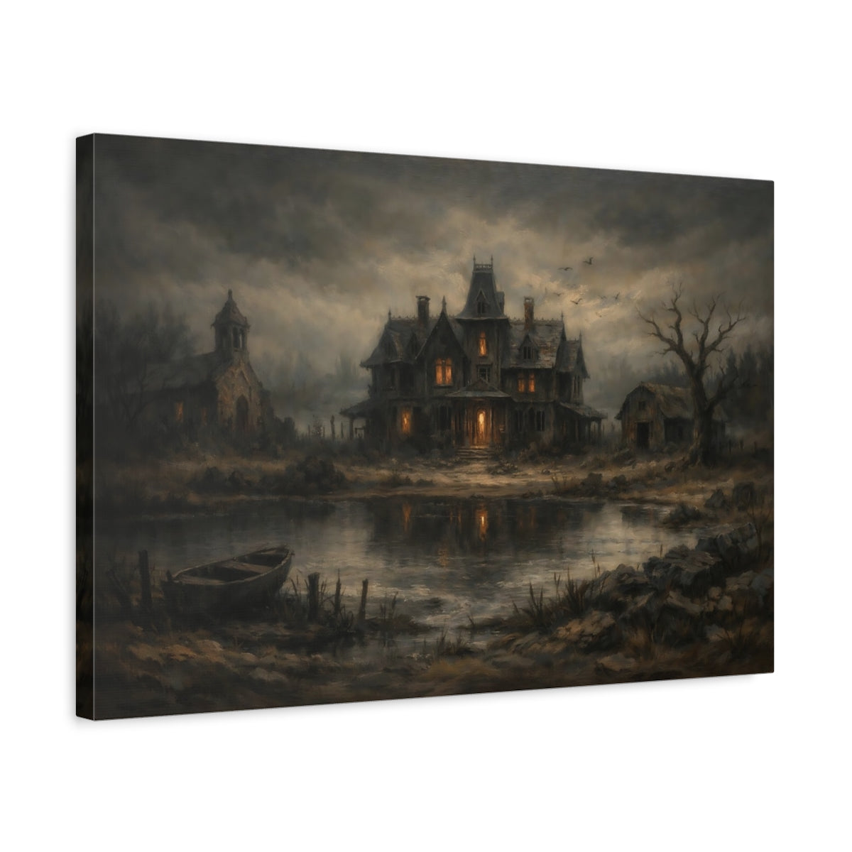Side Mockup 3. Horror Haunted House Dark Haunted House shown as stretched canvas wall art
