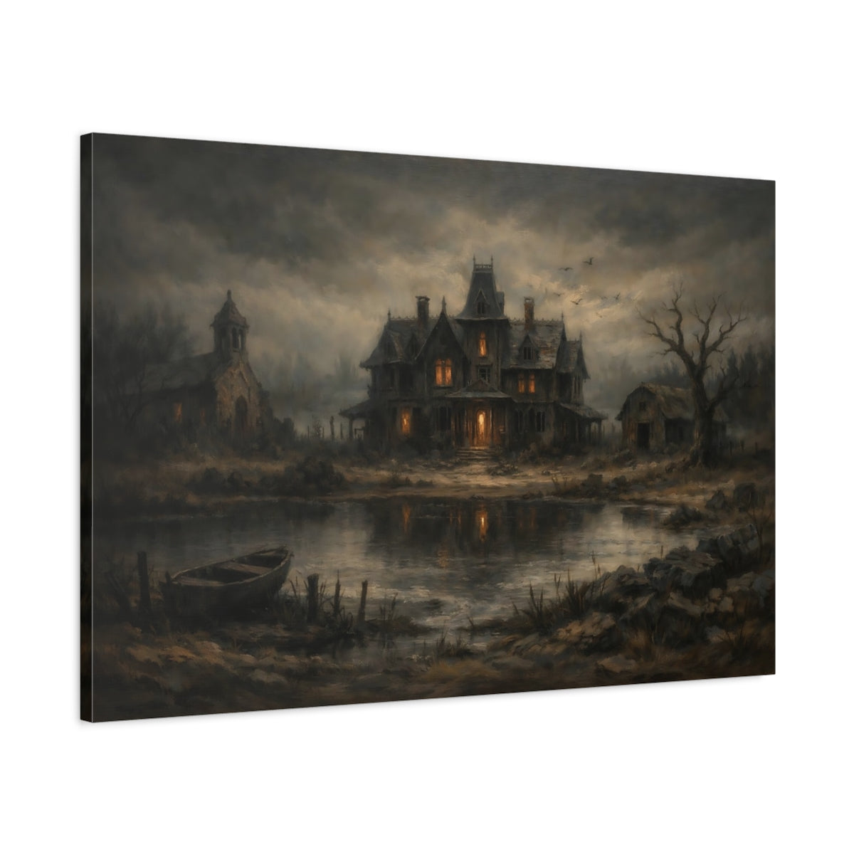 Side Mockup 1. Horror Haunted House Dark Haunted House shown as stretched canvas wall art