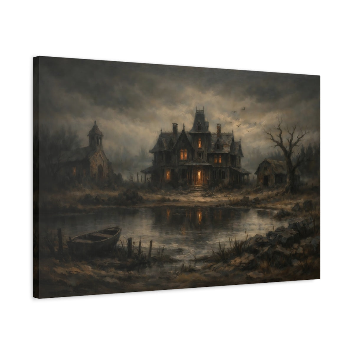 Side Mockup 2. Horror Haunted House Dark Haunted House shown as stretched canvas wall art