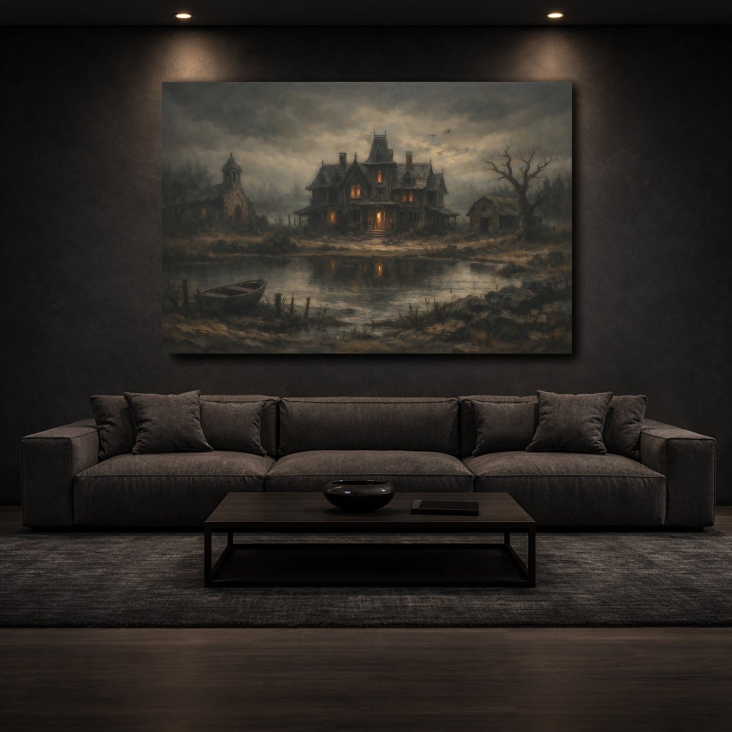 Mockup 2. Horror Haunted House Dark Haunted House shown as stretched canvas wall art