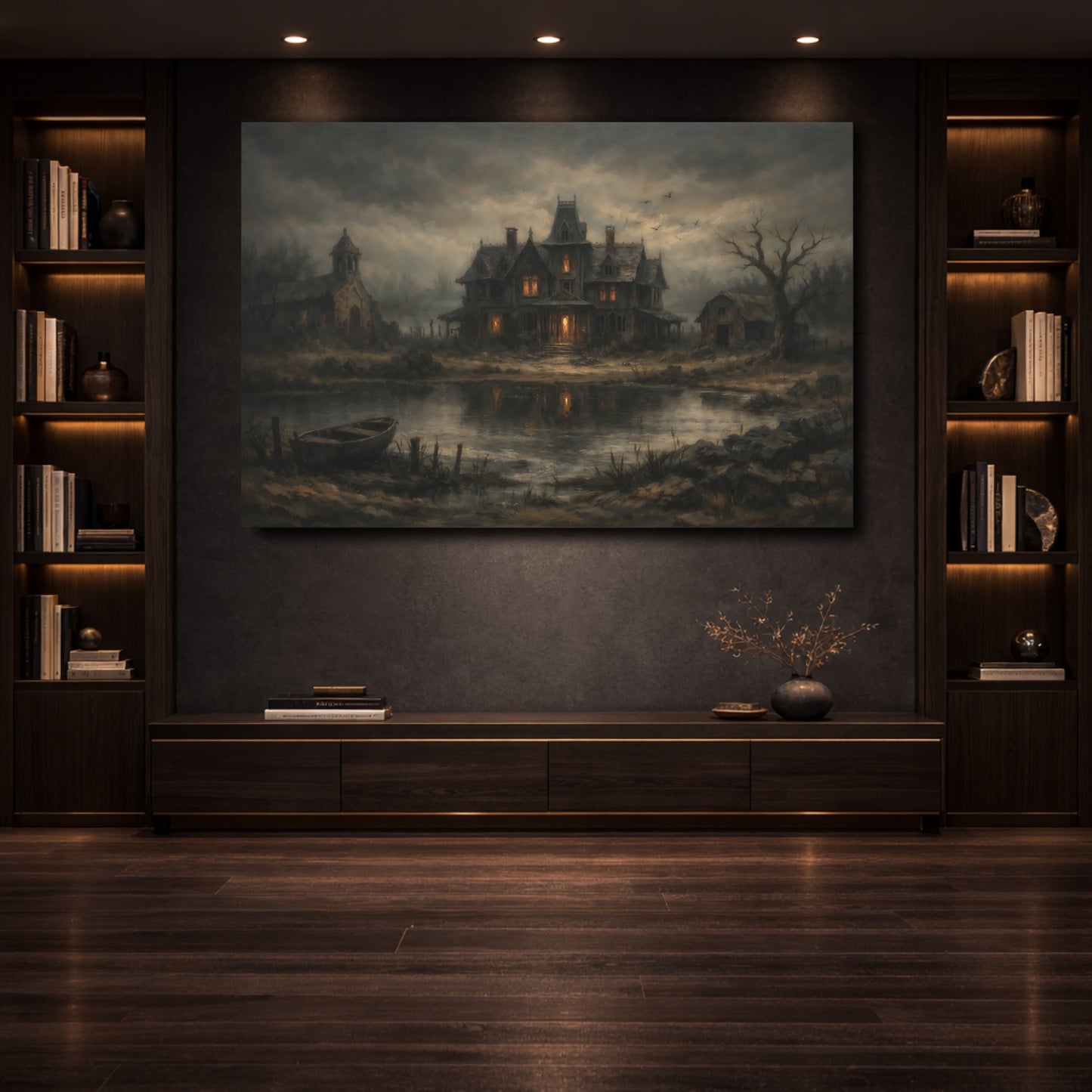 Mockup 3. Horror Haunted House Dark Haunted House shown as stretched canvas wall art